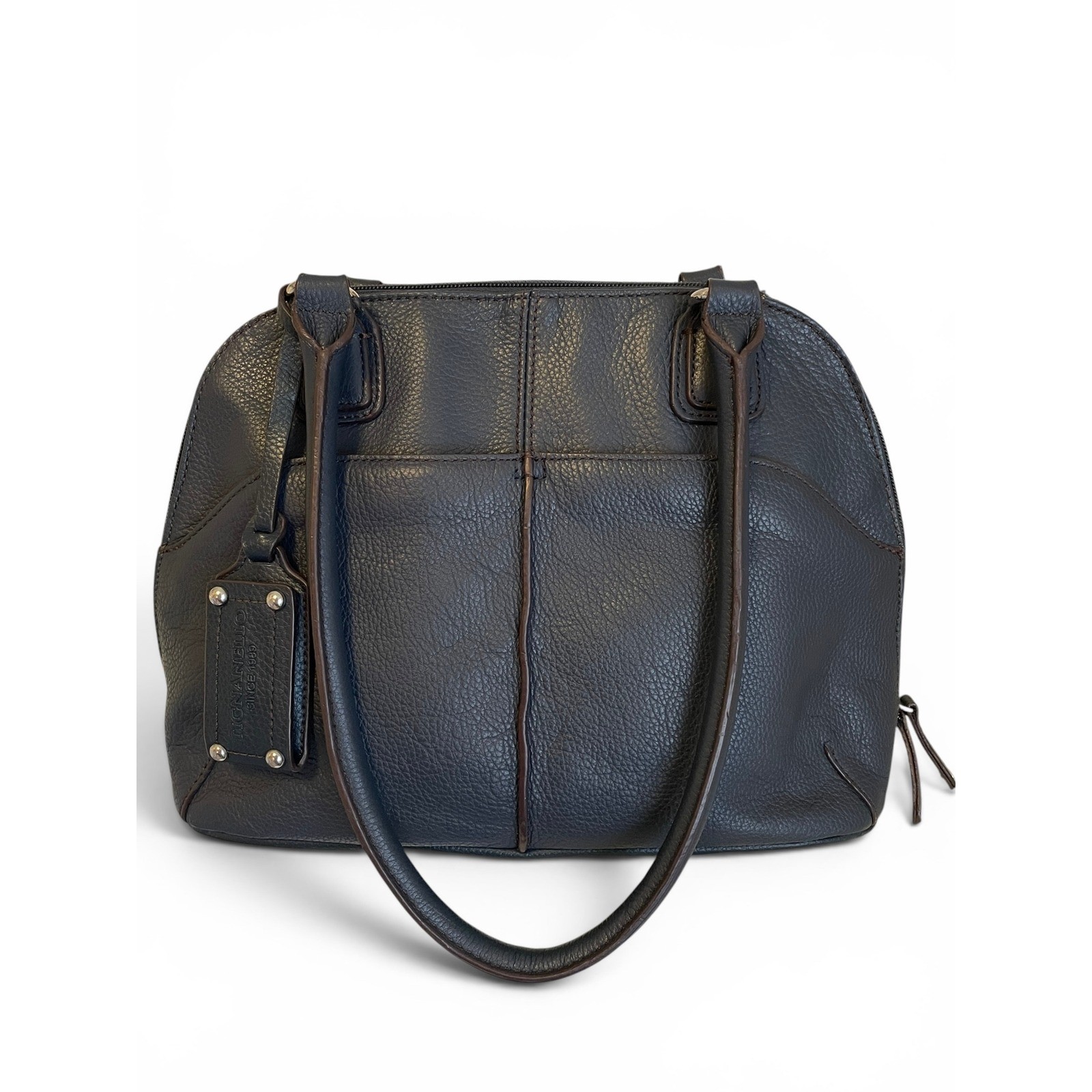 Tignanello Navy Pebbled Leather Domed Satchel Purse Built-In Wallet Mirror Tag