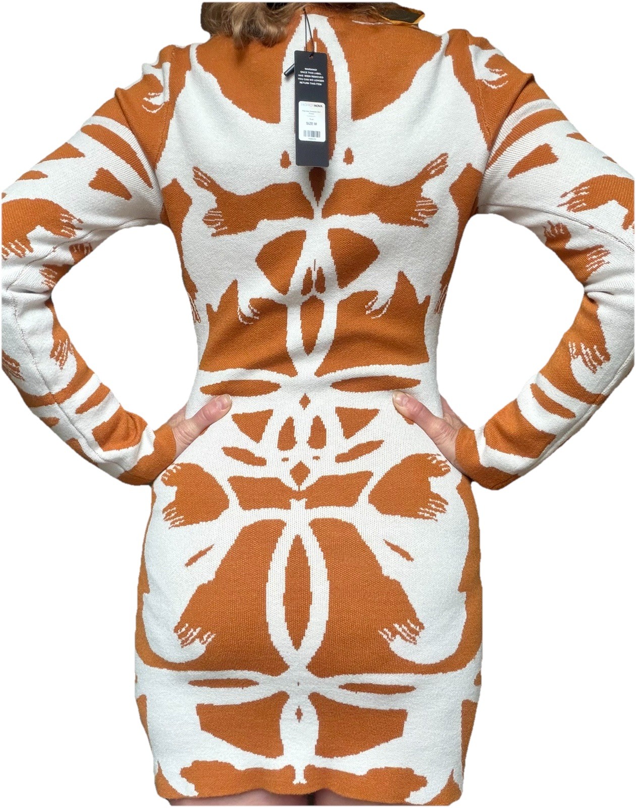Fashion Nova Klarissa Rust White Floral Ribbed Knit V-Neck Sweater Dress M
