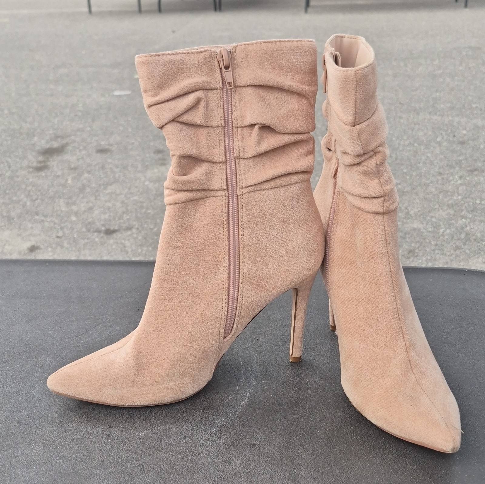 Women’s Beige Suede Pointed Toe Ankle Bootie, Stiletto Heel Side Zip
