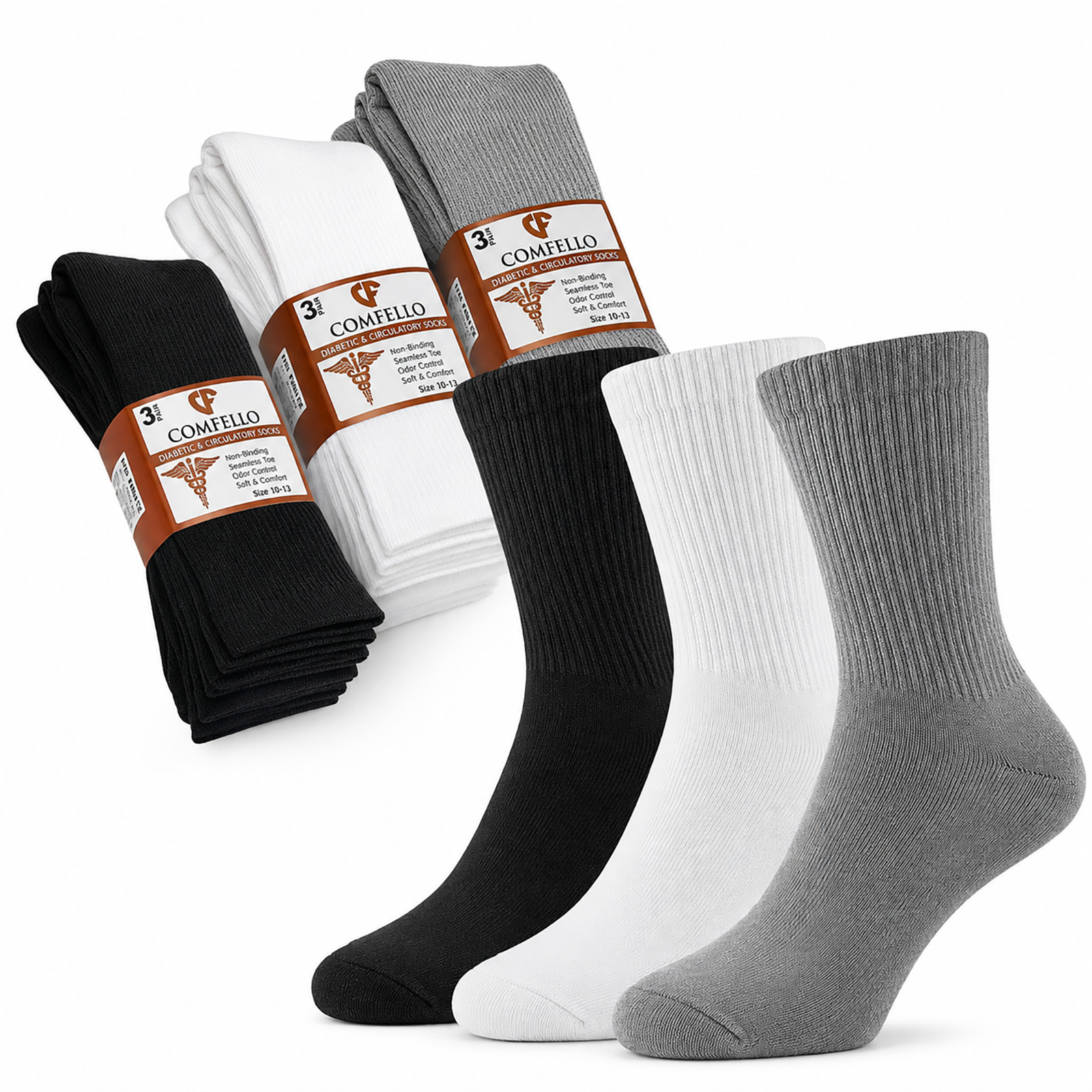 9 Pack Diabetic Socks For Mens Crew Circulatory Non Binding Cotton 9-11 10-13