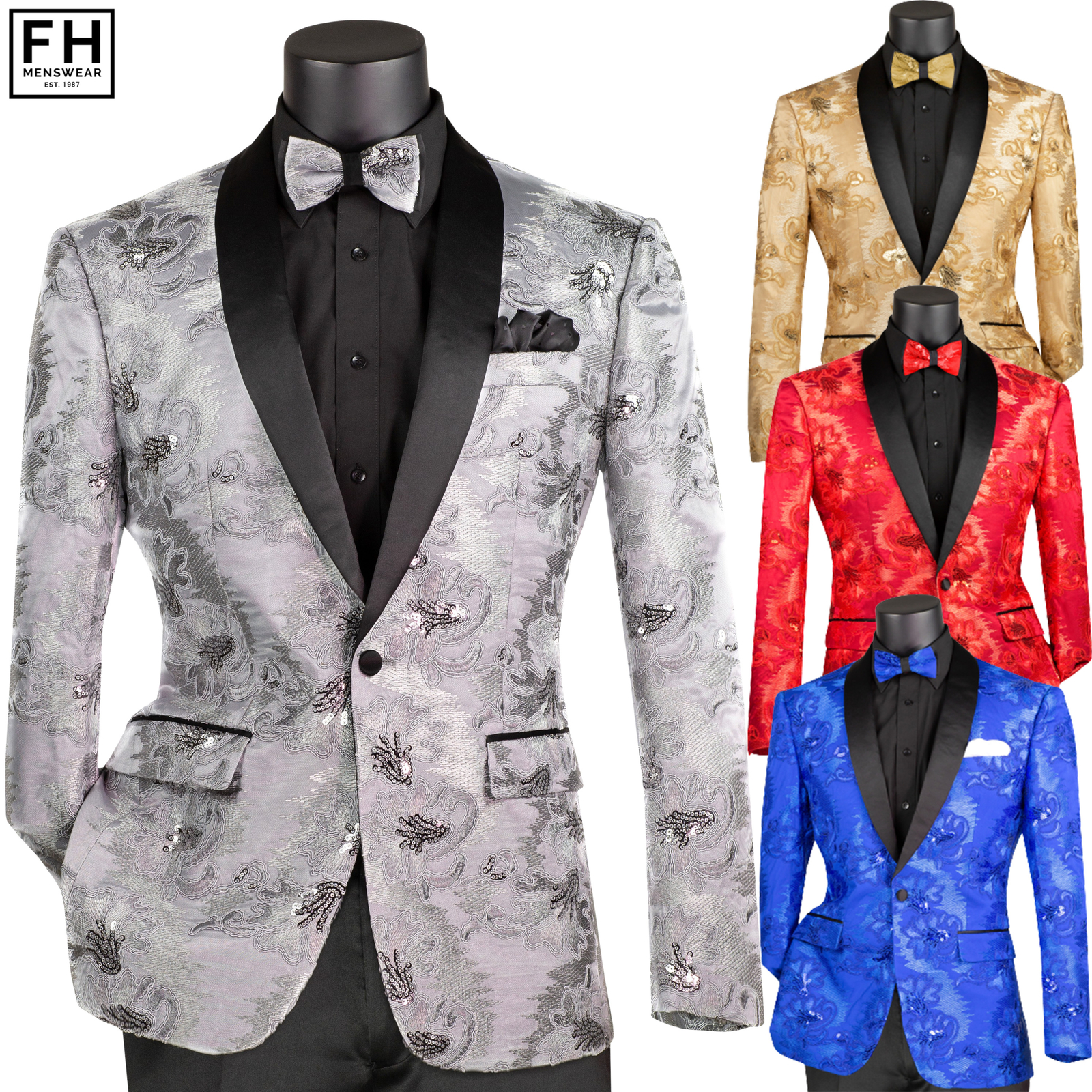 VINCI Men’s Paisley Embroidered Slim Blazer w/ Bow Tie XS-5XL, 6 Colors – NEW