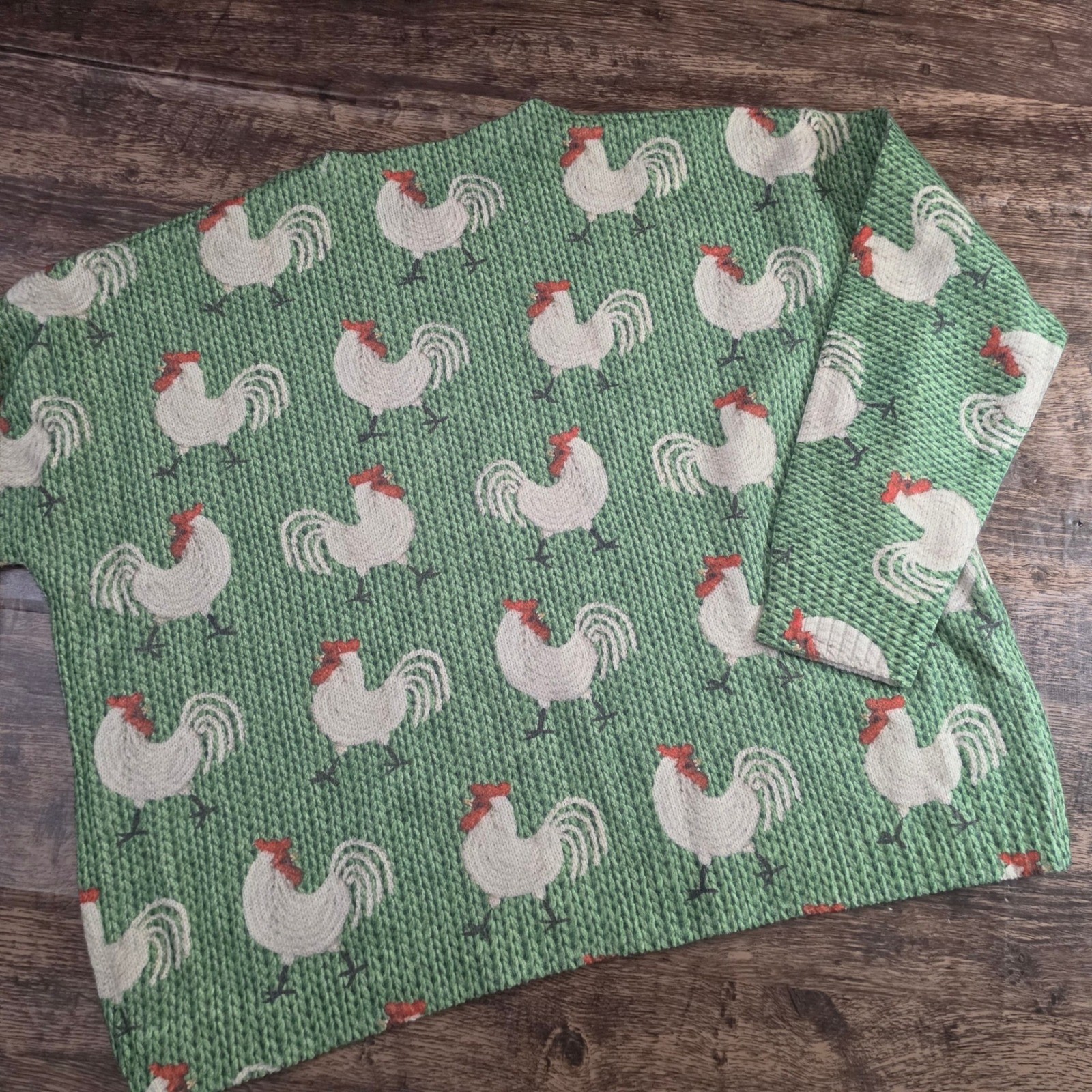 UNBRANDED Rooster Knit Sweater Womens Medium Green Farmhouse Cottagecore Animal