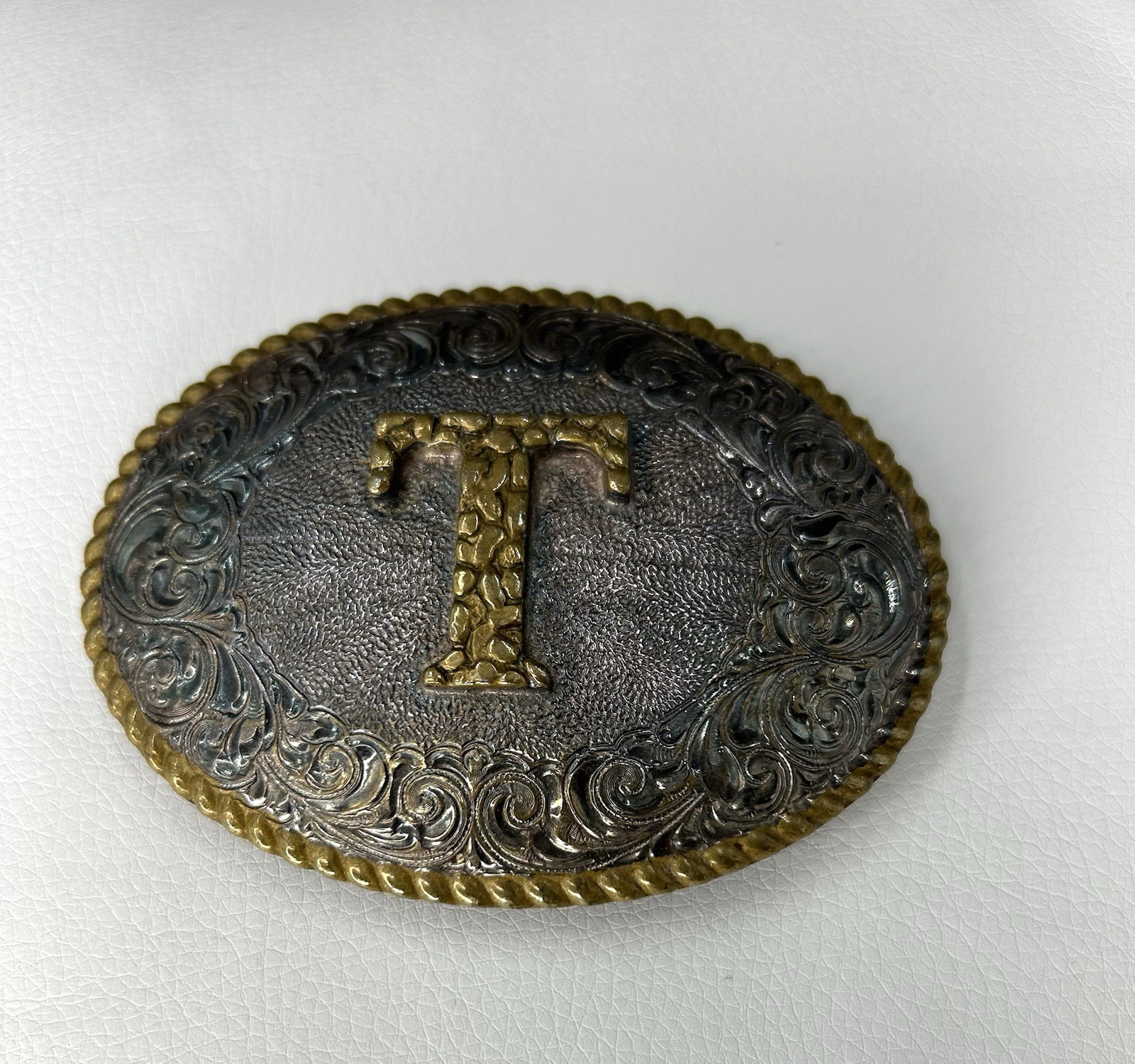 CRUMRINE “T” Initial Letter Monogram Vintage Silver Western Belt Buckle