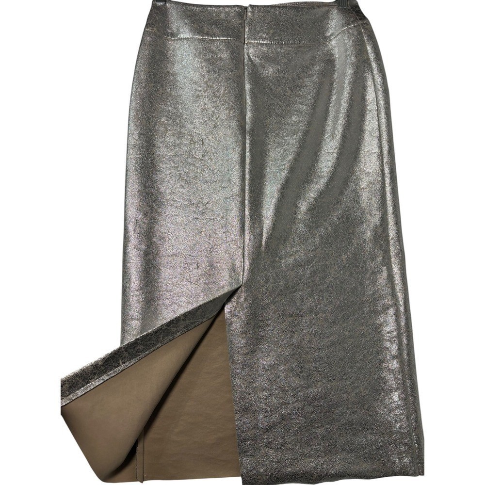 Zara Metallic Silver Faux Leather Midi Pencil Skirt Size M High Slit Textured