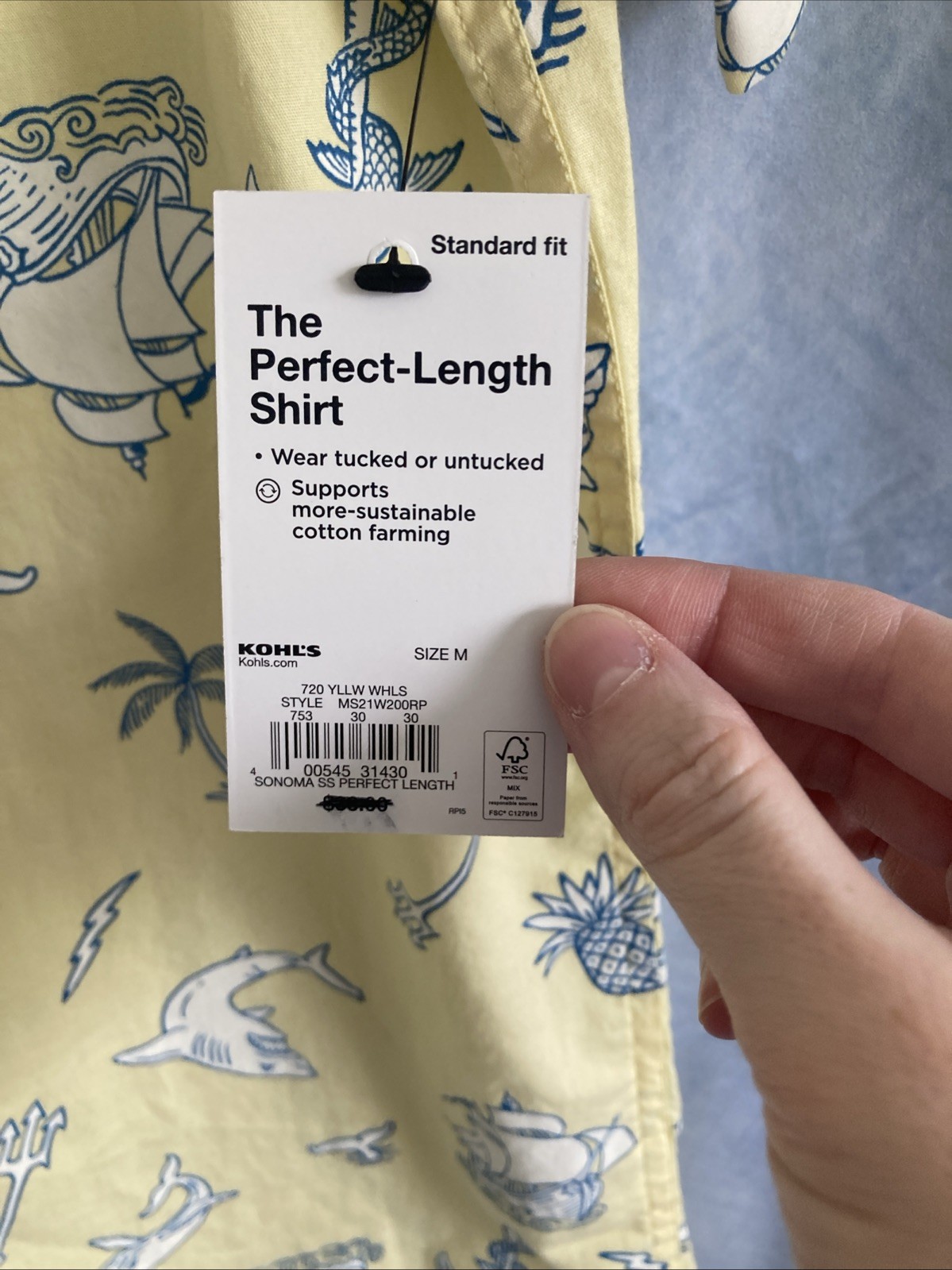NWT Sonoma Goods For Life Men Medium Perfect Length Shirt Yellow Nautical Shark