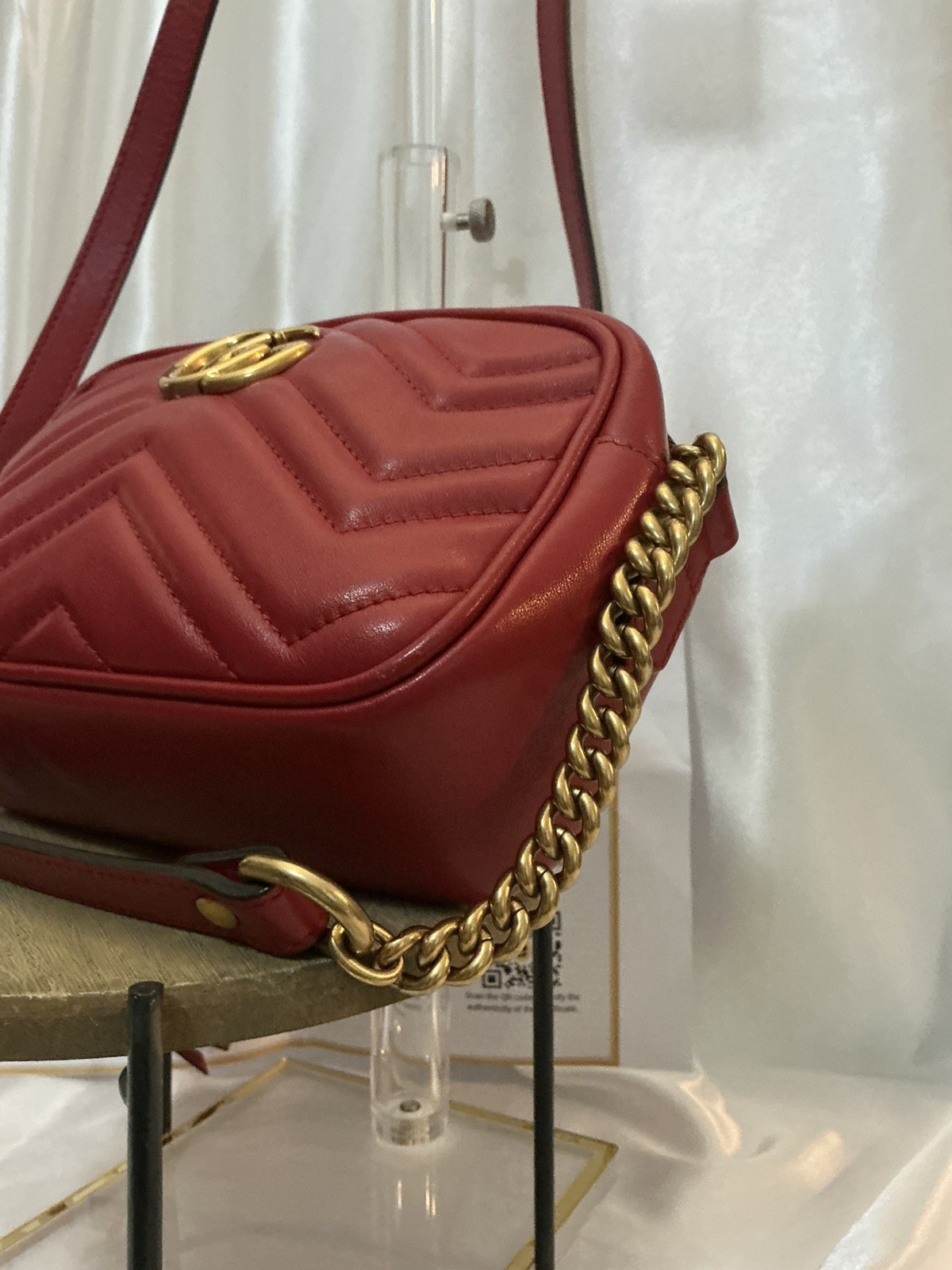 Authentic Gucci GG Marmont 2.0 Red Leather Chevron Camera Crossbody w COA