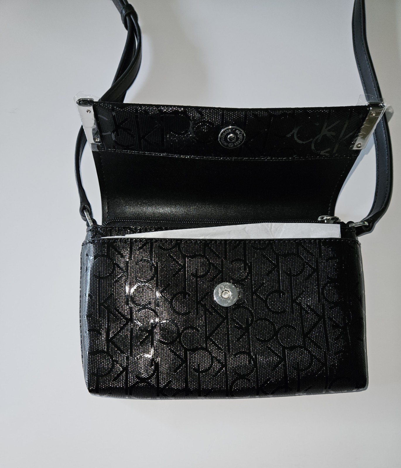 Calvin Klein Black Monogram Small Crossbody Snap/Zip, Adjustable Strap, Silver