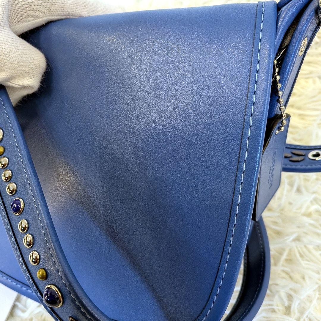 Coach Blue Studded Leather Shoulder Bag 8.3×7.9×3.1in Used