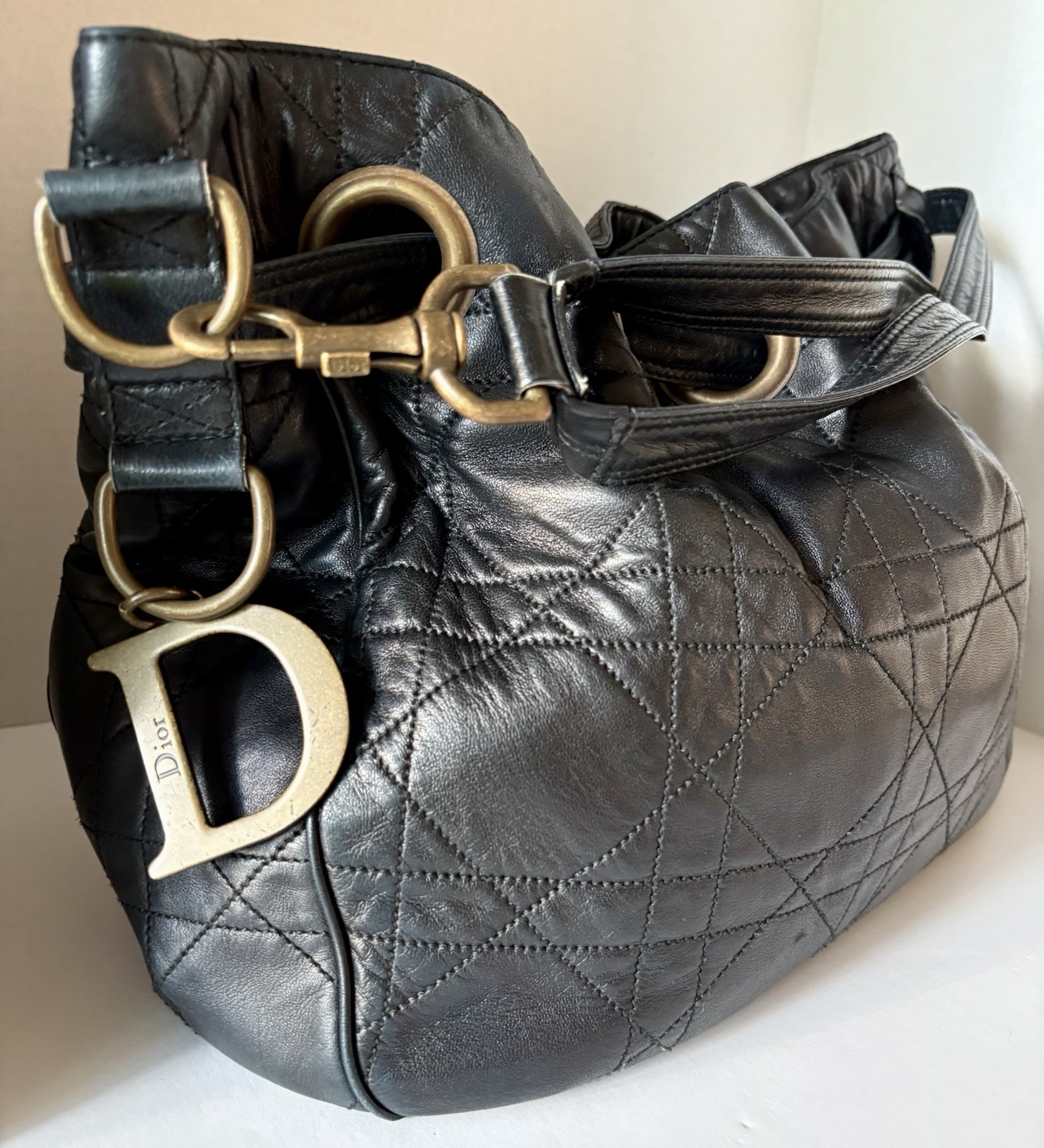 Vintage Christian Dior Quilted Cannage Drawstring Shoulder Bag Logo Charm