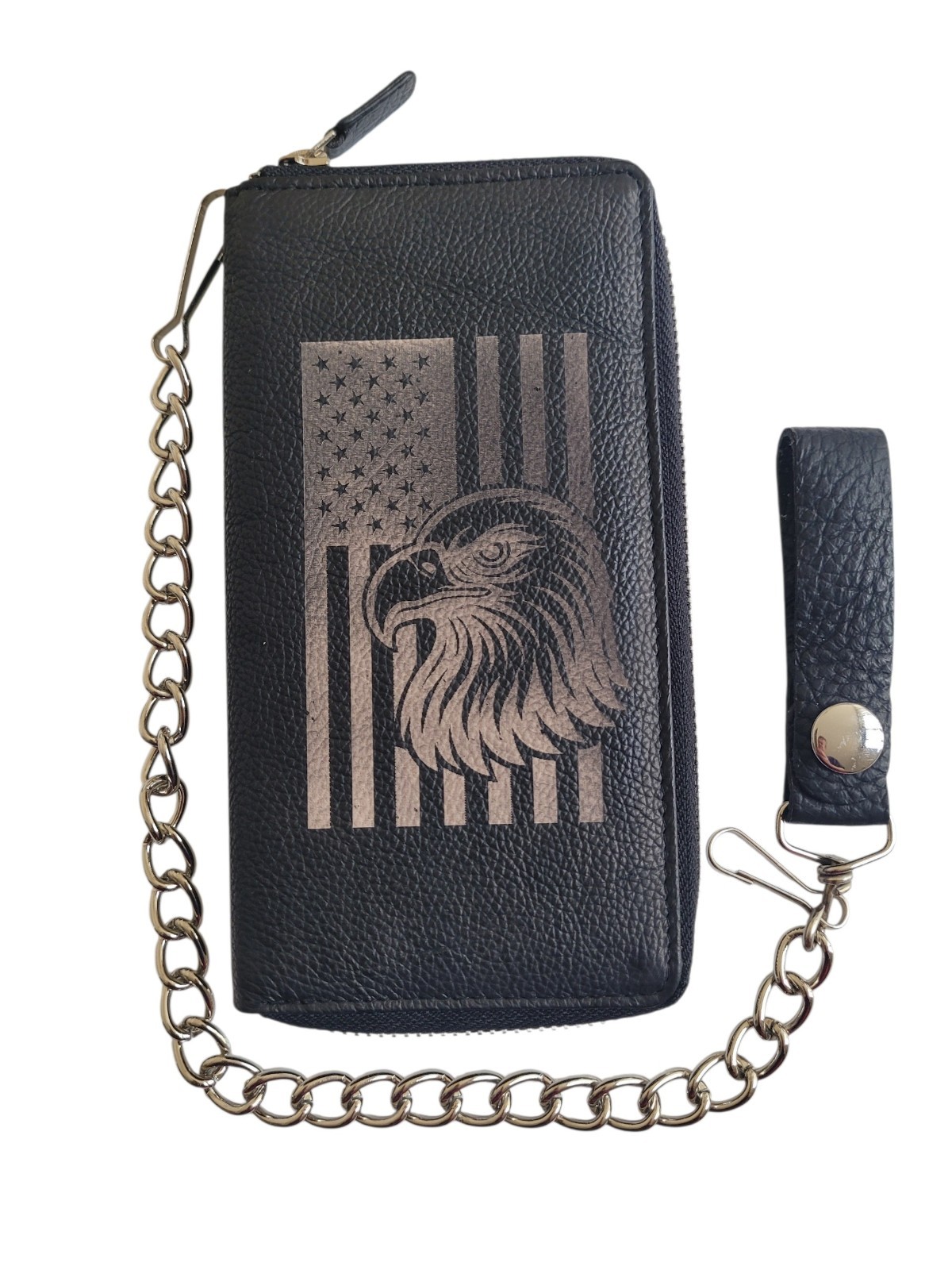 US Flag Eagle Genuine Leather Biker All Over Zipper Bi-Fold Wallet With Chain