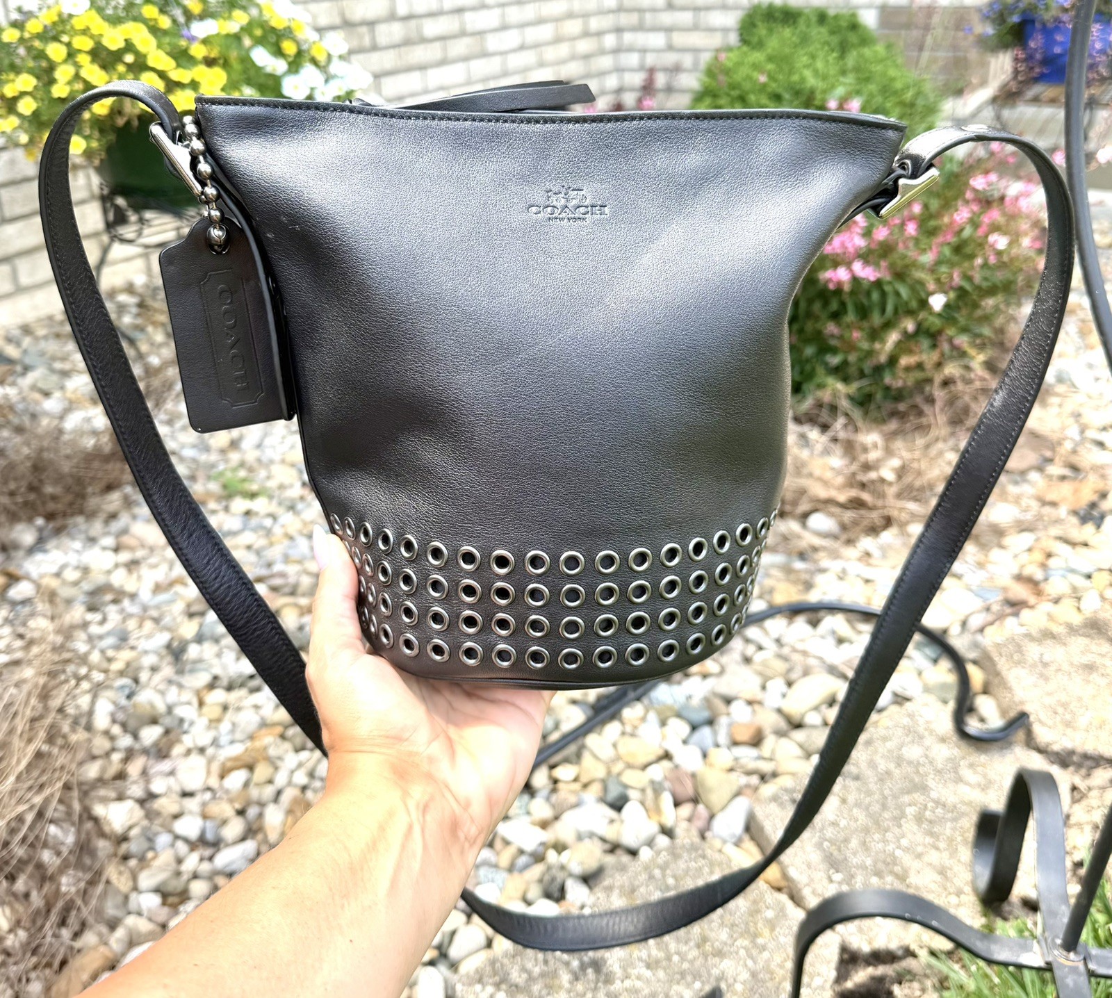 Coach Bleecker Grommet Mini Duffel 32386 Black Leather Crossbody gunmetal
