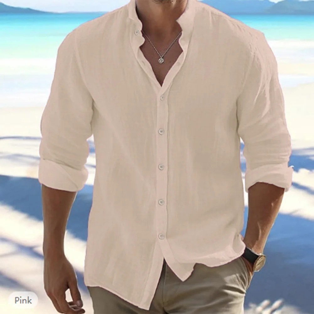 Linen Shirt Men Long Sleeve Casual Summer Beach Button Up Cotton Breathable Top
