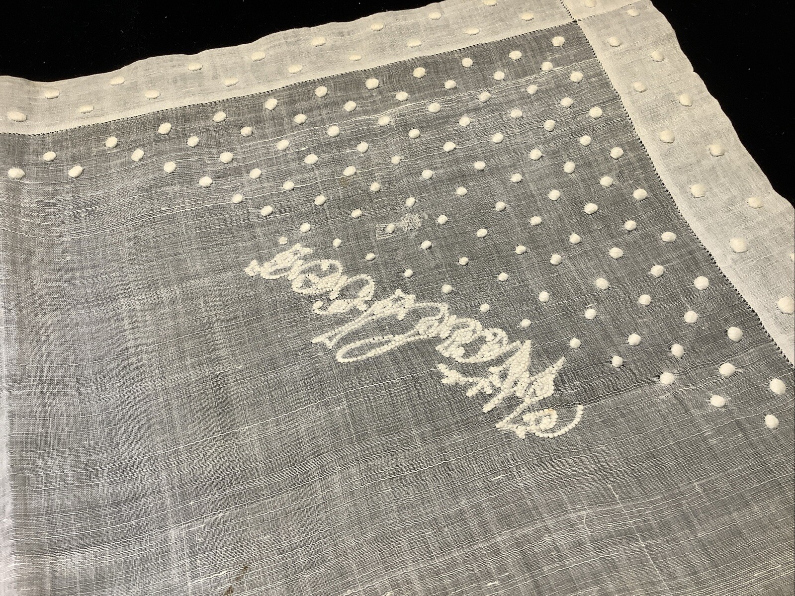 913🌟Vtg Antique c1890s Whitework Monogram “EUNICE Walker” Handmad Wedding Hanky