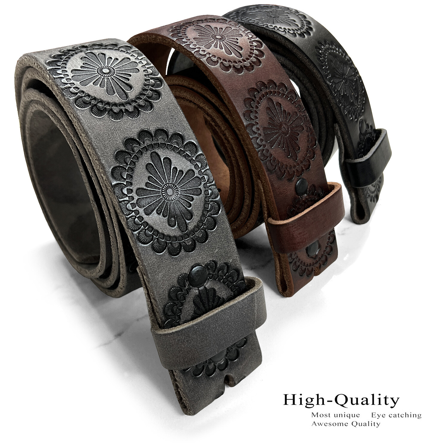 Floral Engraved One Piece Genuine Full Grain Leather Belt Strap 1-1/2″ Wide
