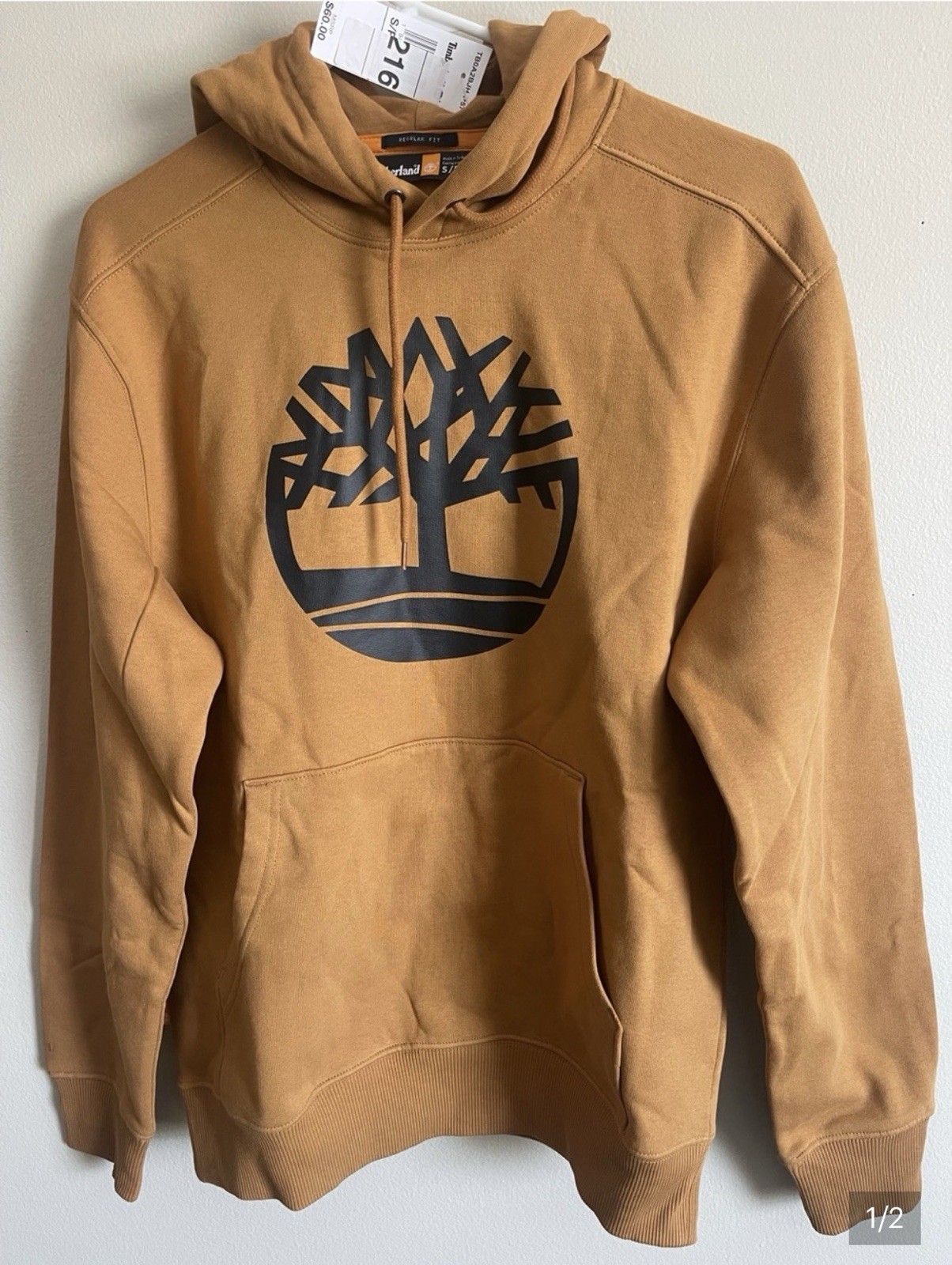 Timberland Men’s Pullover Hoodie in Caramel Brown with Black Logo Size S