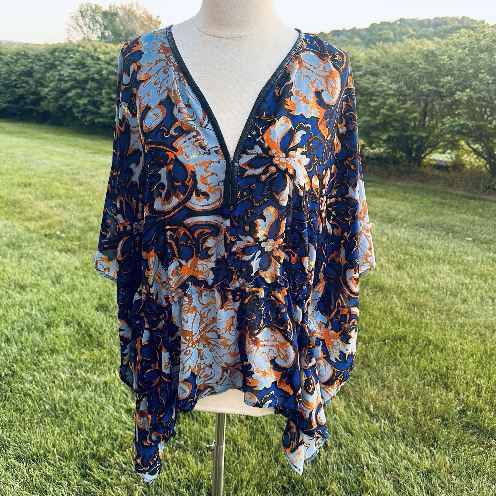 Y2K Alberto Makali Caftan Tunic Top L Oversized Boho Resort Blue Gold