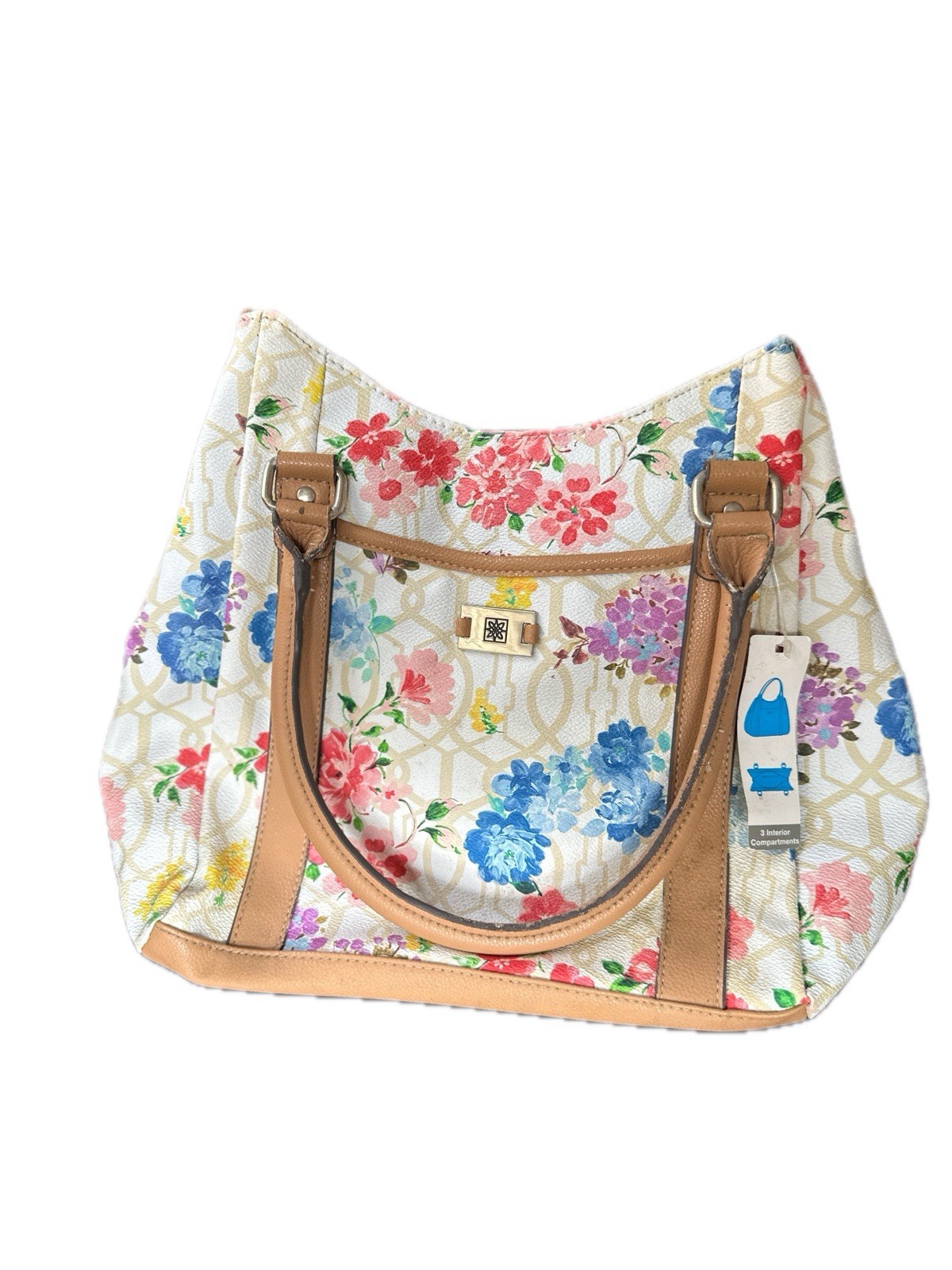 Y2K Women’s Floral Multicolor Satchel Top Handle Bag, Double Brown Handles, Zip