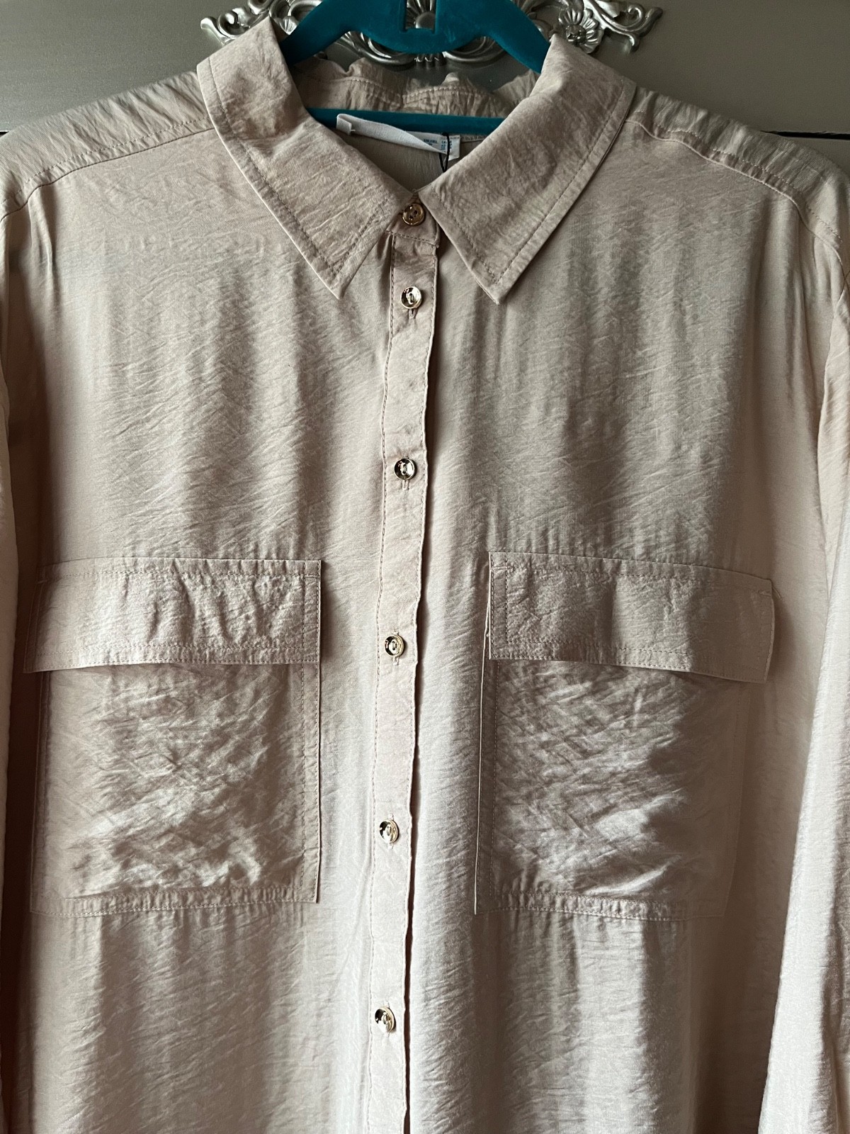 nice shirt blouse quirky lightweight fabric sheen champagne stone L 14 16 new