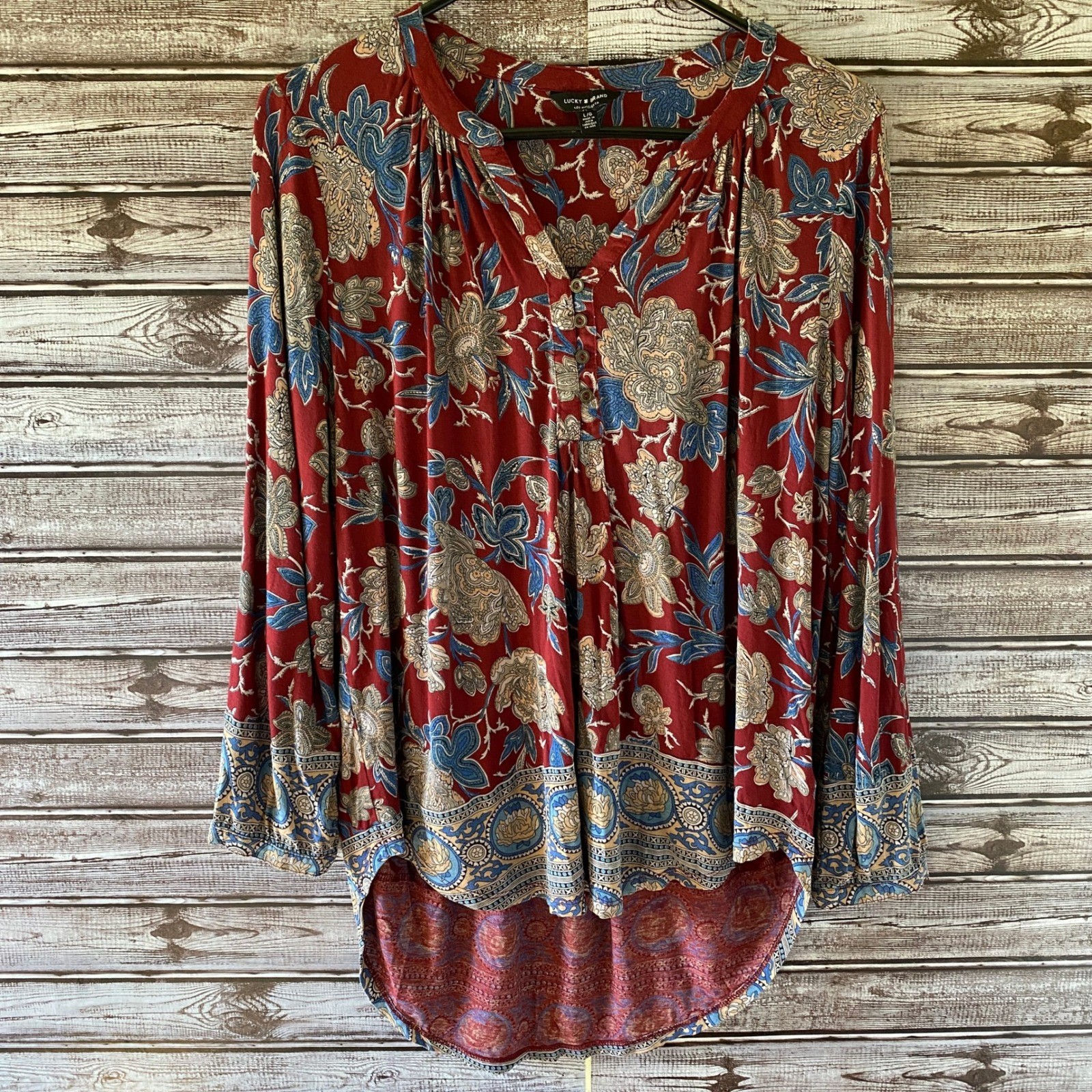 Lucky Brand Women’s Top Size L Burgundy Floral V-Neck Longer Back