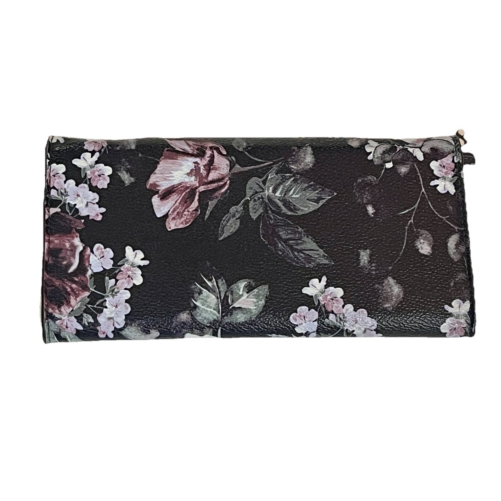 Black Floral Wallet Snap Front Multi Pocket Zip Interior Gold