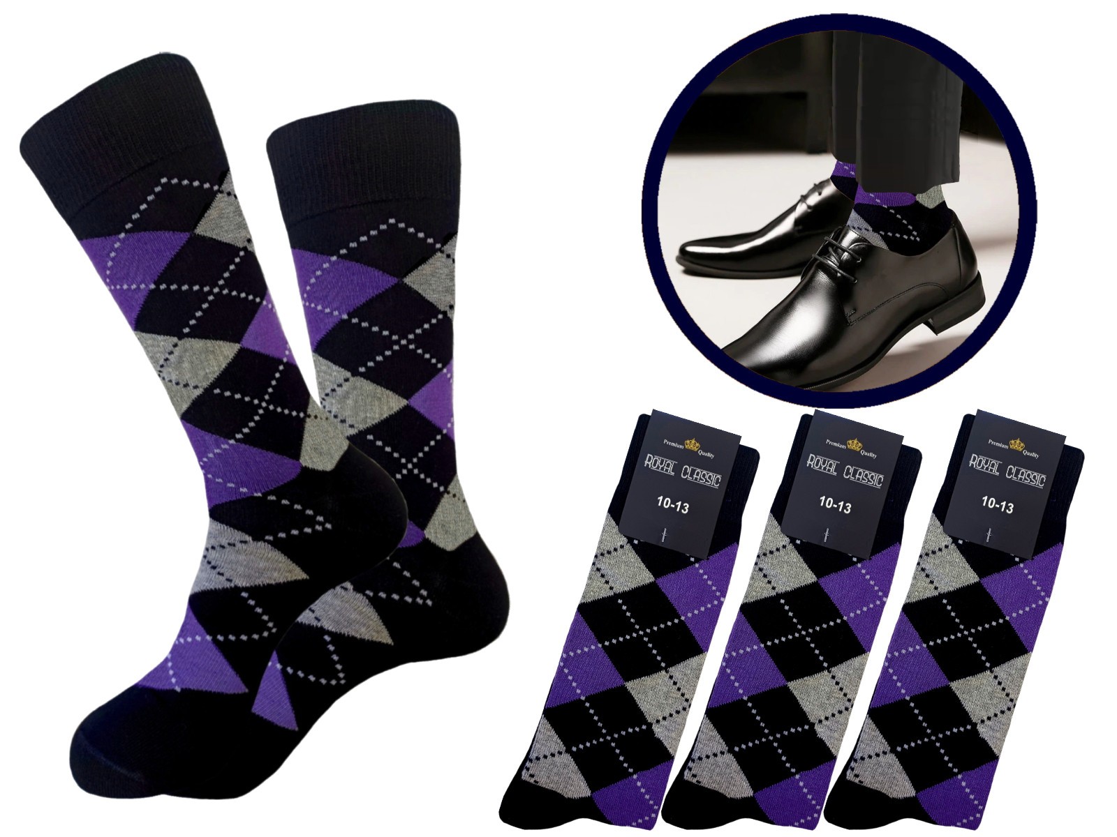 1-3-6-12 PAIR DRESS SOCKS BLACK PURPLE BLACK DIAMOND ARGYLE COTTON SOCKS 10-13