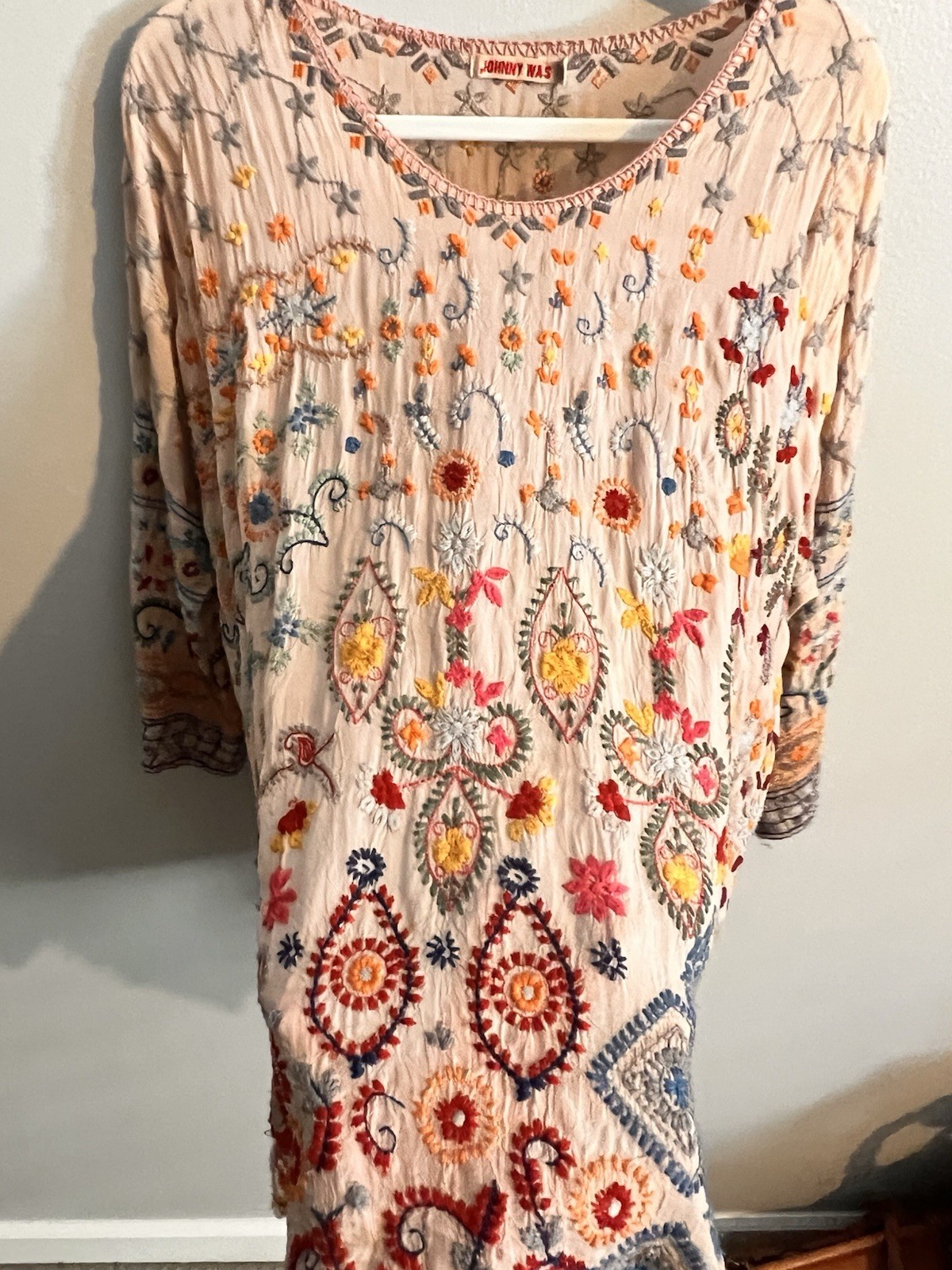 Johnny Was Blouse Top Womens Large Silk Embroidered Floral Boho Hippie Artsy