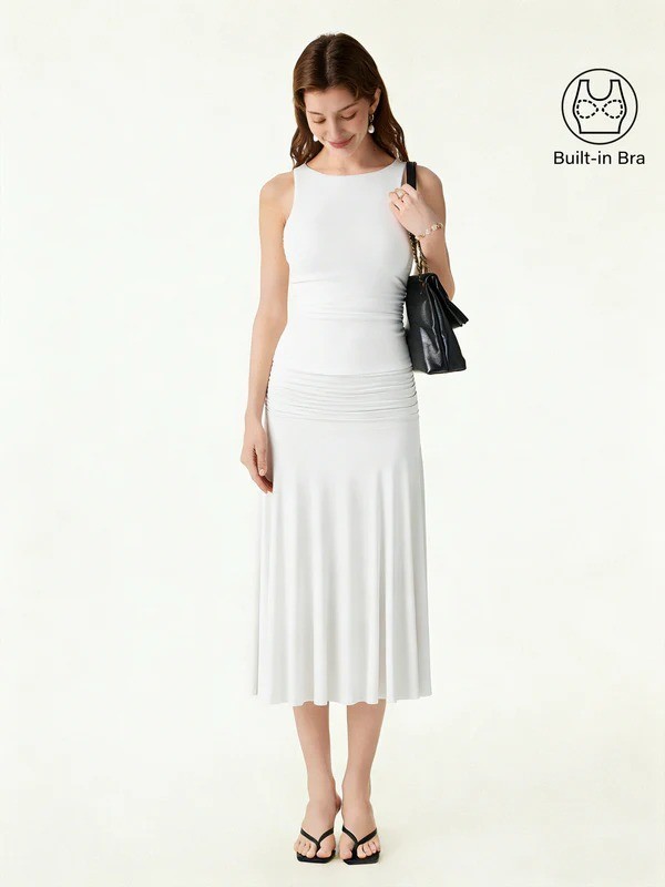 OGL 2Pcs Set Open Back Bra Tank & Side Ruched A-line Midi Skirt – Free SHIPPING!