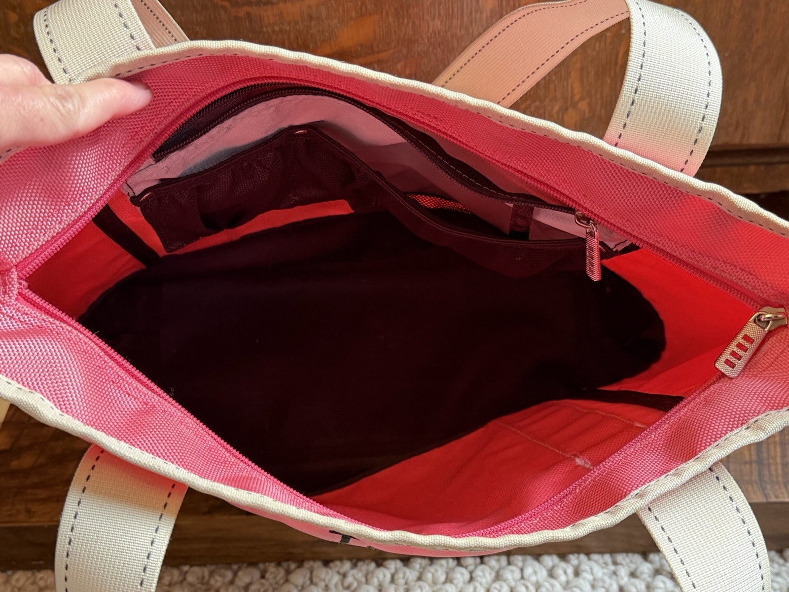 Pink Lands End Canvas Nylon Tote Bag Monogram 13in TMM Perfect Pockets White