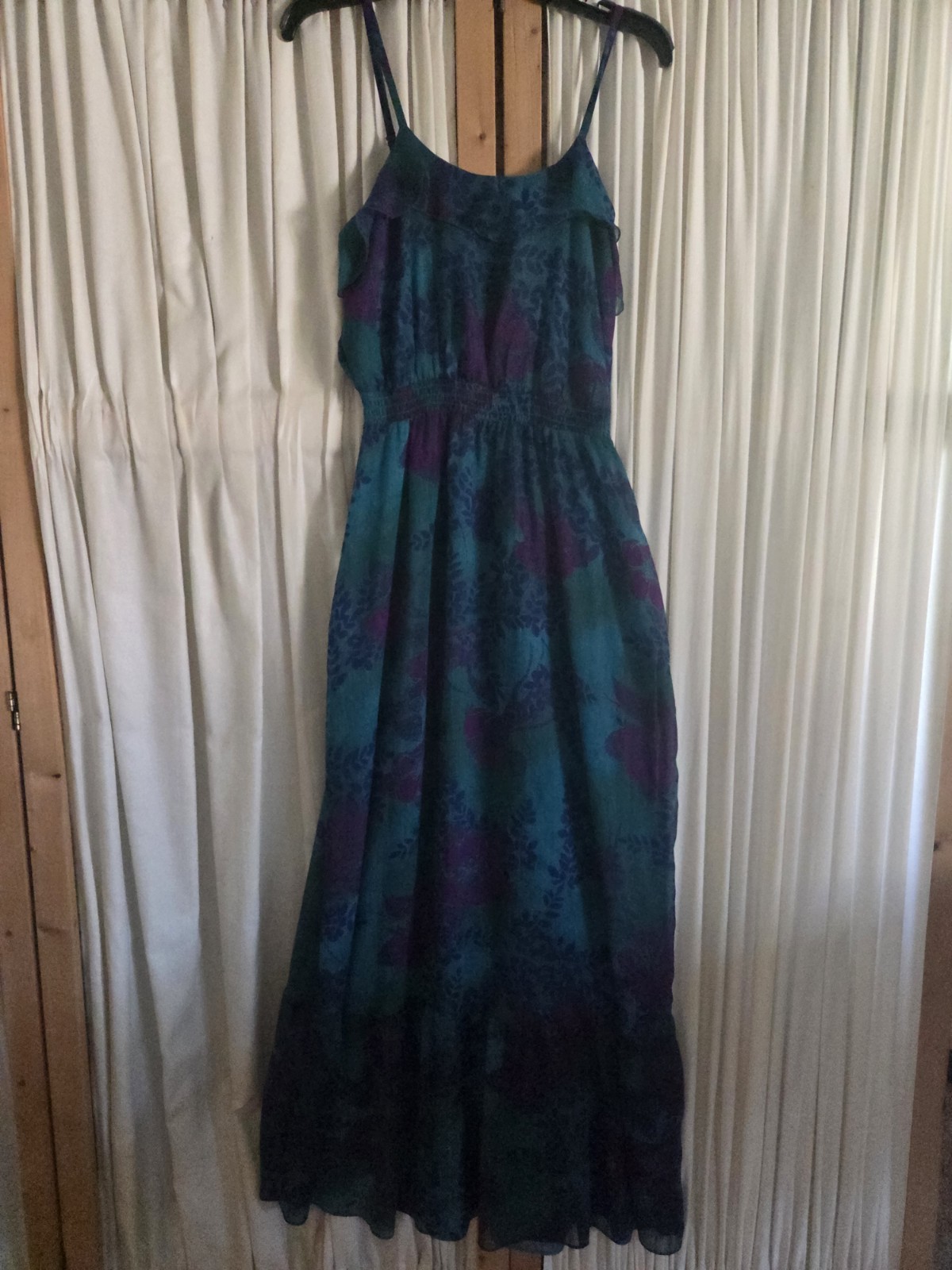 Express Teal Purple Floral Chiffon Maxi Dress Scoop Neck Smocked Pullover S