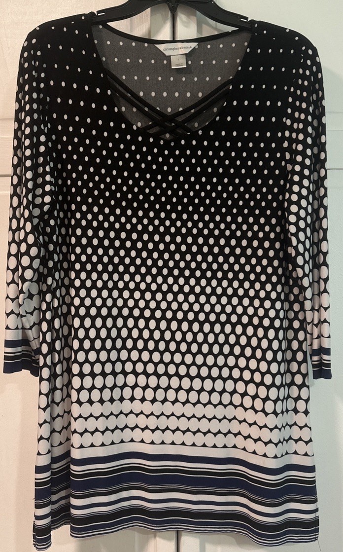 CJ Banks Woman Large Black White Blue Polka Dot Travel Tunic Shirt Stretch