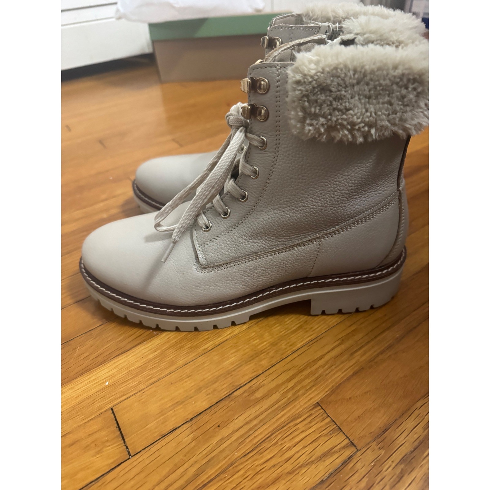 Alberto Torresi Women Light Grey Leather Faux Fur Trim Lace Up Combat Boots 40