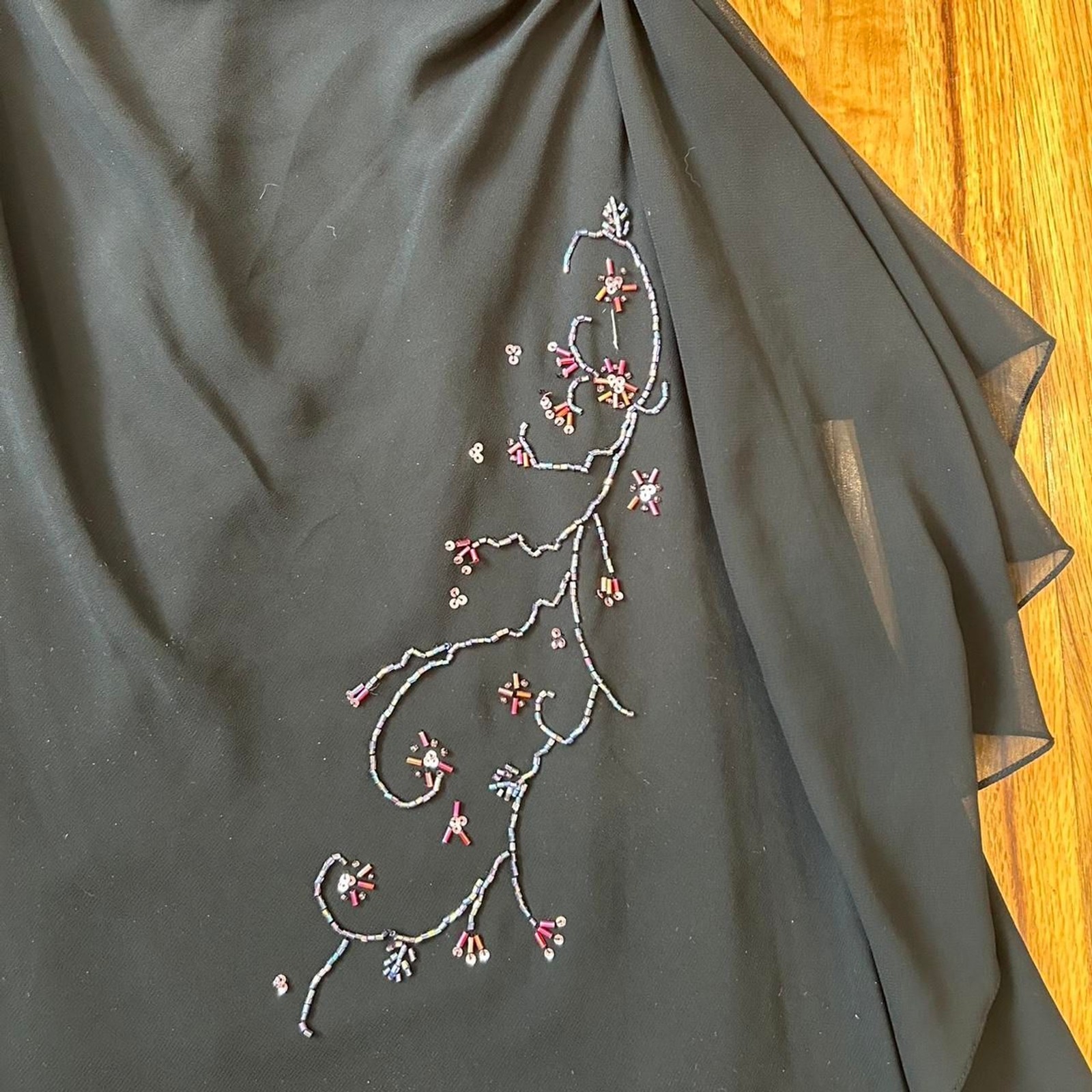 Alex Evenings Vintage Beaded Ruffle Black Maxi Dress Gown Size 10