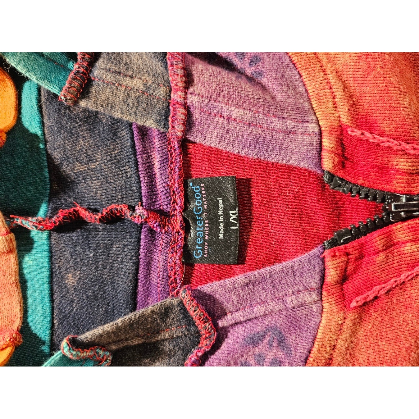 GreaterGood Boho Patchwork Zip Up Hoodie Sun Embroidery Nepal Jacket L/XL
