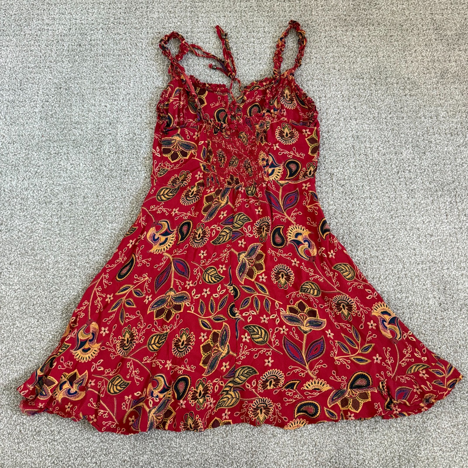 Angie Womens Red Paisley Mini Dress Boho XS