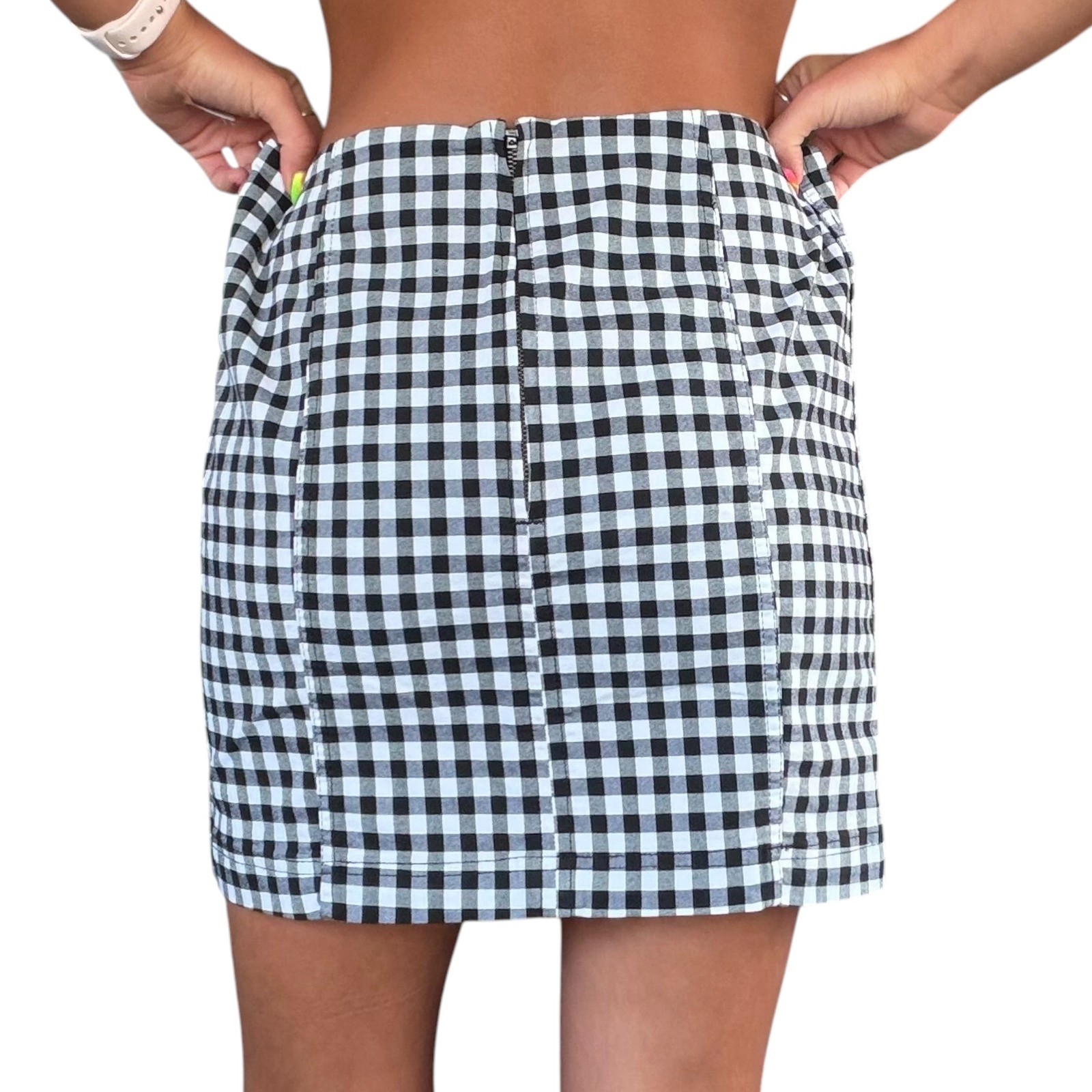 Free People 12 Black White Gingham Checker Plaid Modern Femme Novelty Mini Skirt
