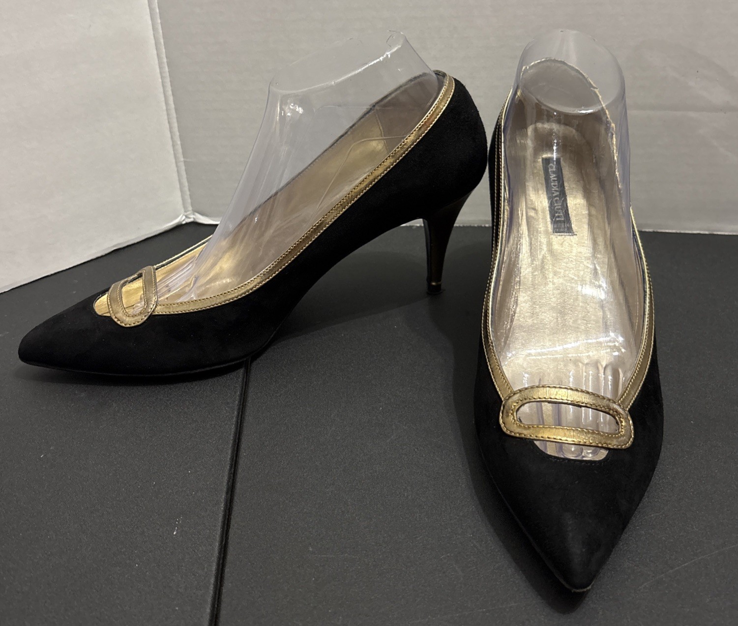 CLAUDIA CIUTI Black Suede & Gold Pointed Toe Heels Pumps Size 9.5 M