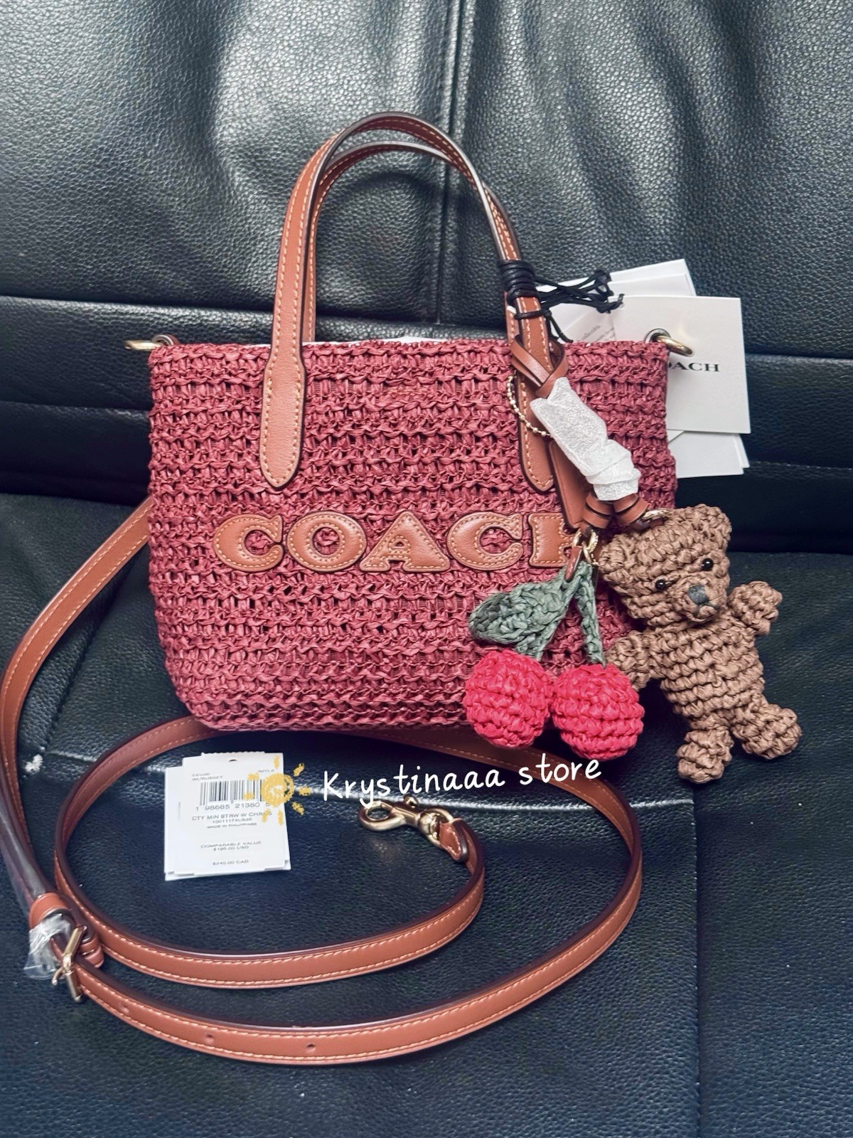 NWT Coach CEU30 City Mini Tote Bag With Charms in straw & Leather Gold/Russet