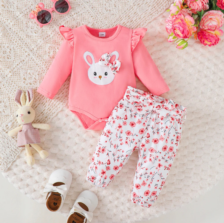 Baby Girl Ruffled Sleeve Lovely Rabbit Bodysuit+Flower Shorts+Headband Summer
