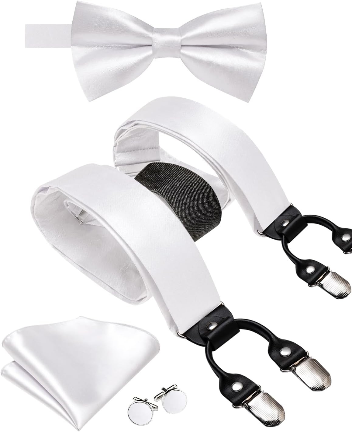 Hi-Tie Men Suspender Bowtie Set Suspenders Pre-tied Bow Tie Pocket White