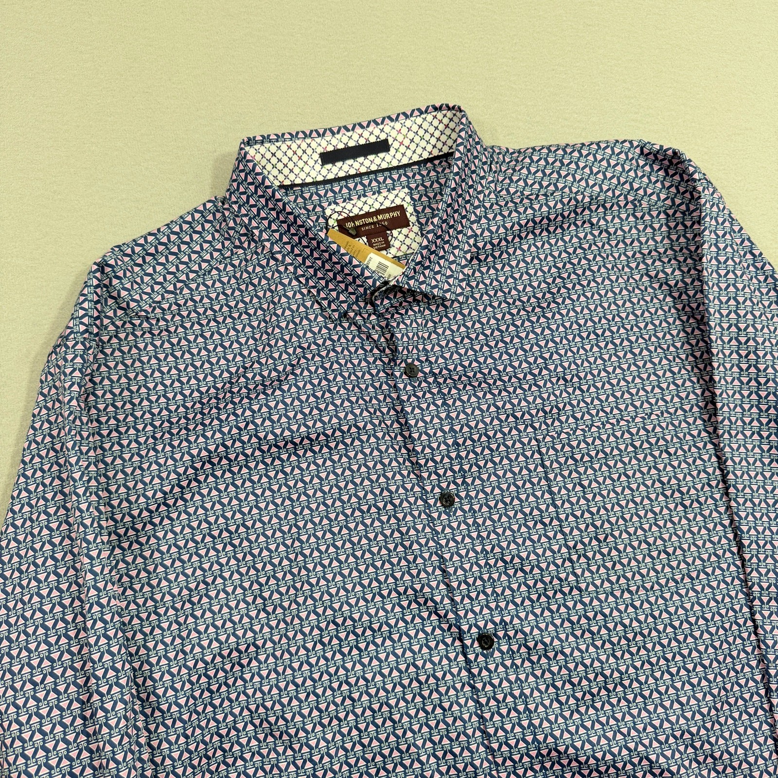 Johnston & Murphy Martini Print Button Up Shirt Mens 3XL Blue Pink Flip Cuff NEW