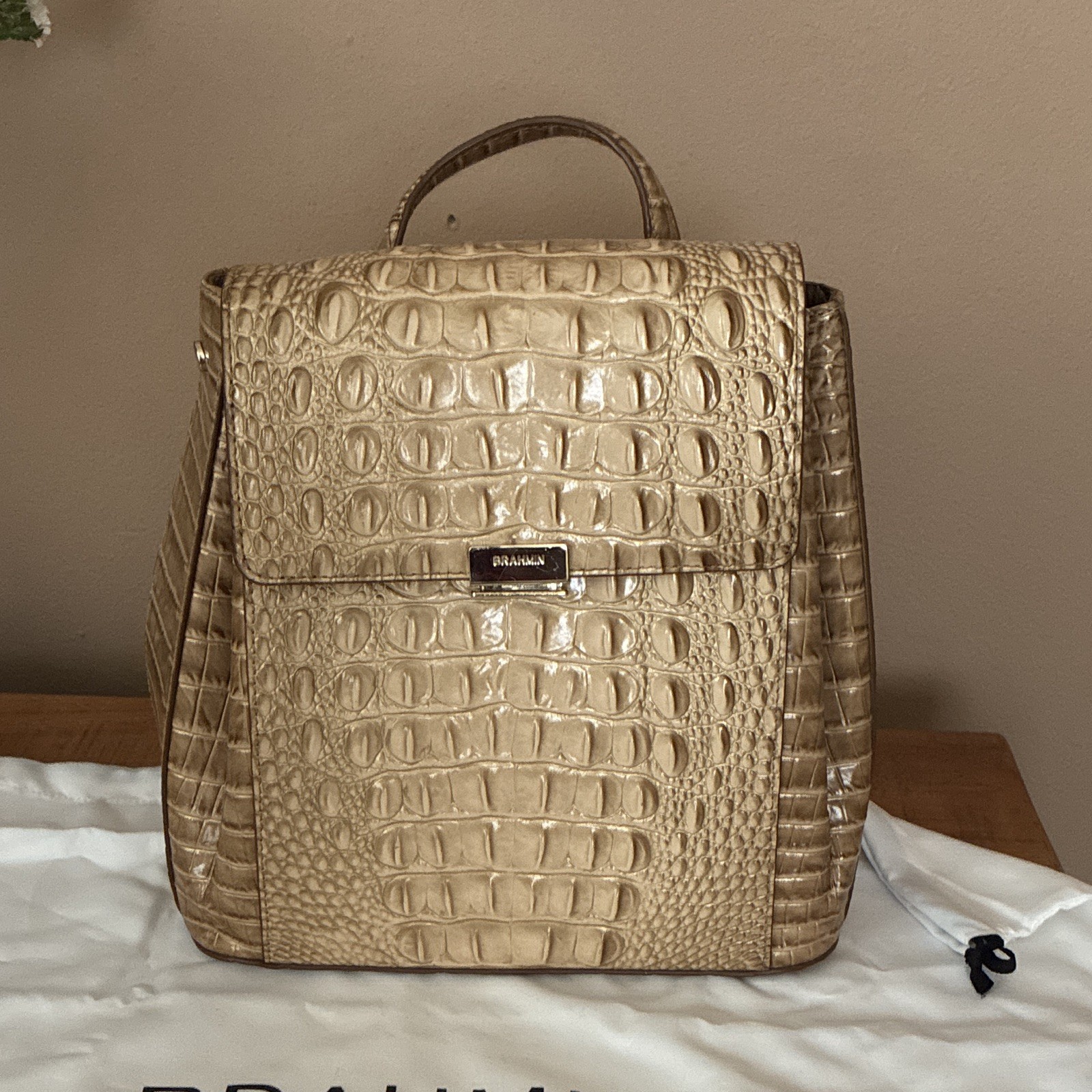 Brahmin Beige Croc-Embossed Backpack Purse Top Handle Buckle Gold Hardware