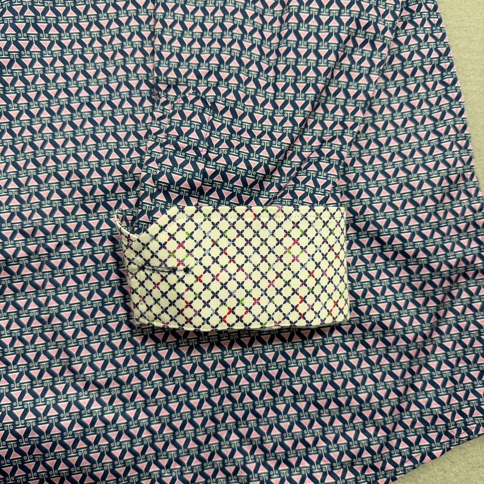 Johnston & Murphy Martini Print Button Up Shirt Mens 3XL Blue Pink Flip Cuff NEW