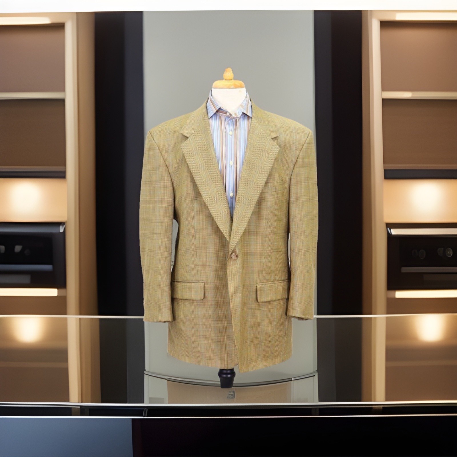 Bill Blass Men’s 46R Beige Wool Tweed Check Sport Coat Blazer Fully Lined