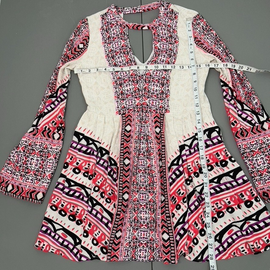 Free People Dress Women Dress 4 Pink Tegan Mini Dress V Neck Long Sleeve Boho