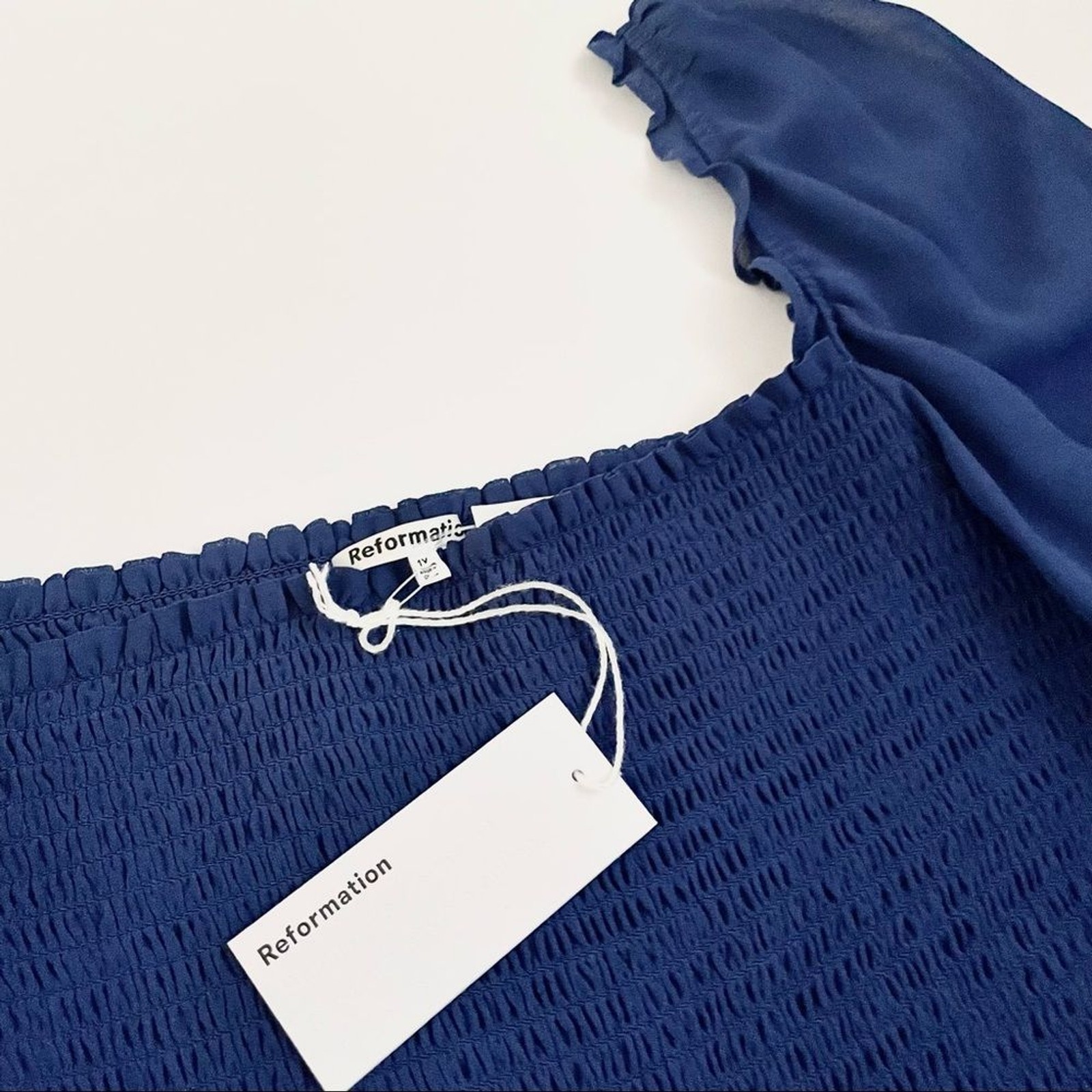 Reformation NWT $148 1X Pinto Smocked Long Puff Sleeves Top Es in Caspian Blue