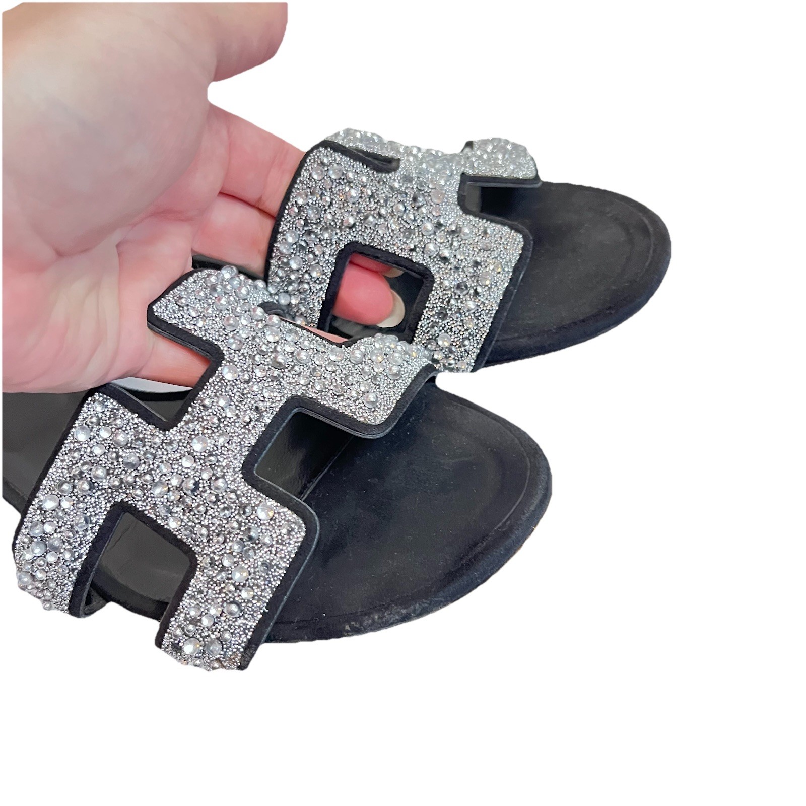 Hermès Oran Crystal Heeled Mule Sandals Black Leather 40 Silver Glitter Heels