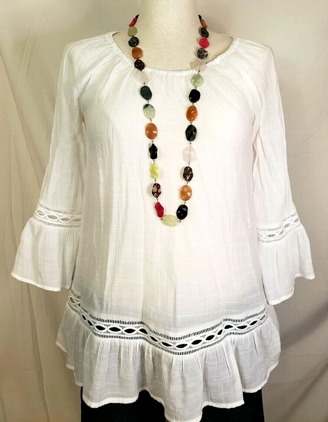 BYdesign Blouse Top 3/4 Sleeve Ruffle Eyelet Crinkled Beachy Boho Peasant size S