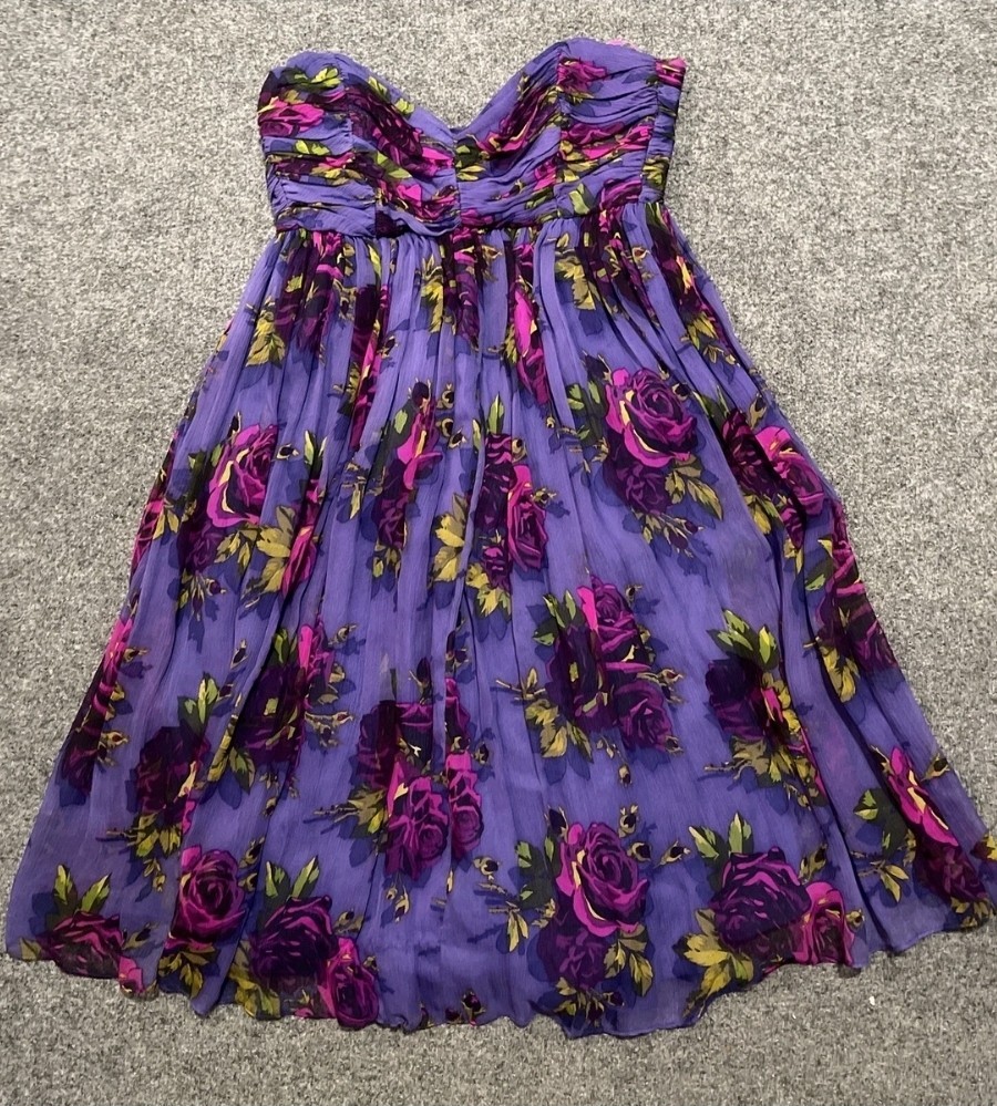 RARE Y2K Betsey Johnson Purple Floral Silk Strapless Sweetheart Smocked Zip Slip