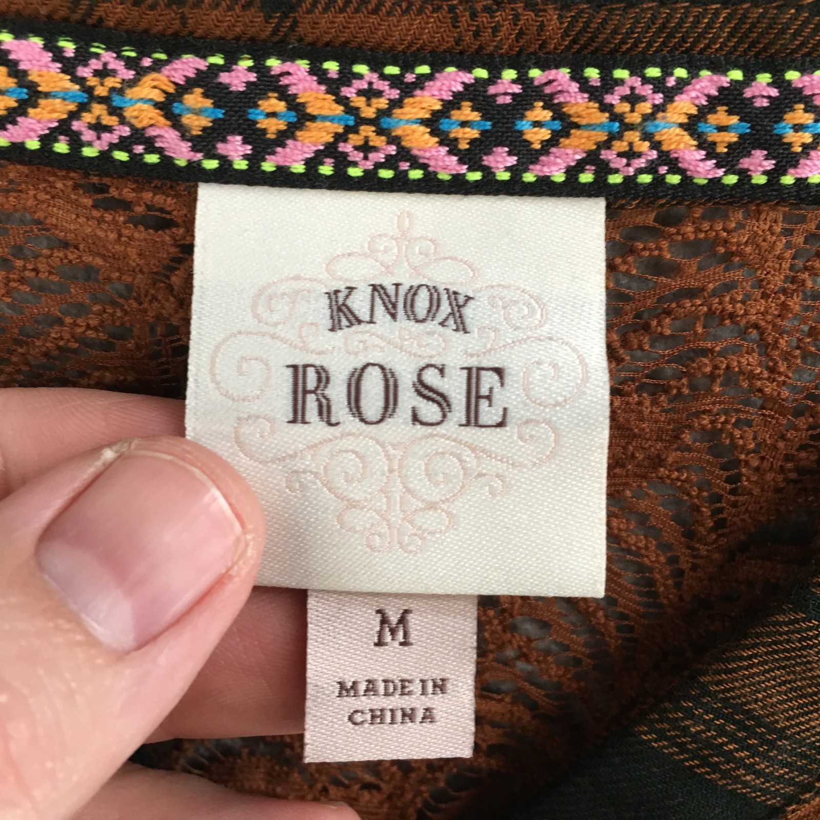 Knox Rose Plaid Button Up Shirt Womens M Lace Hi-Low Back Roll Tab Sleeve Brown
