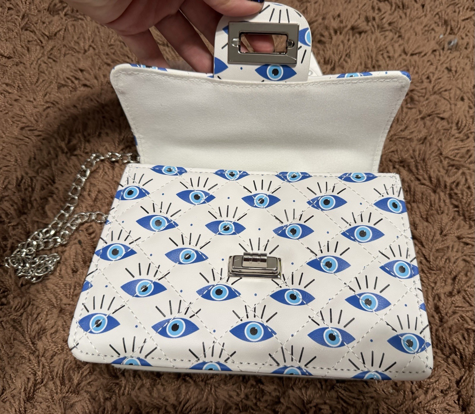 New White 100% Vegan Leather Evil Eye Crossbody Bag Detachable Chain Straps